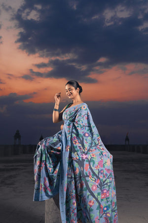 Buy Blue Handwoven Cotton Brocade Paithani Online