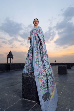 Shop Blue Handwoven Cotton Brocade Paithani Online In India