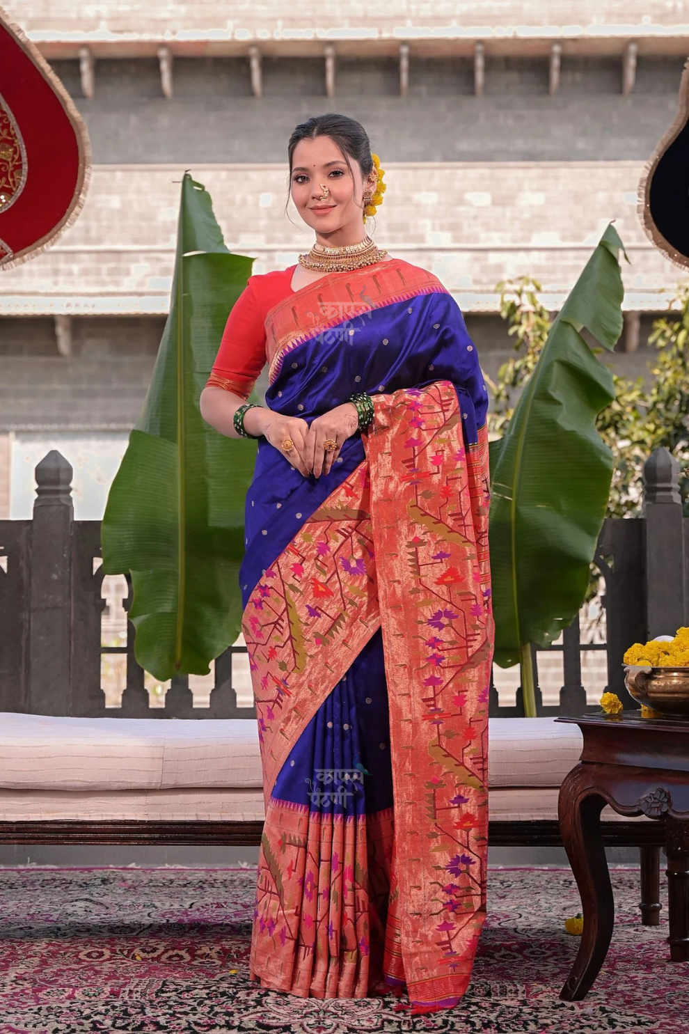 Hand Woven Half All Over Asawali Design Paithani