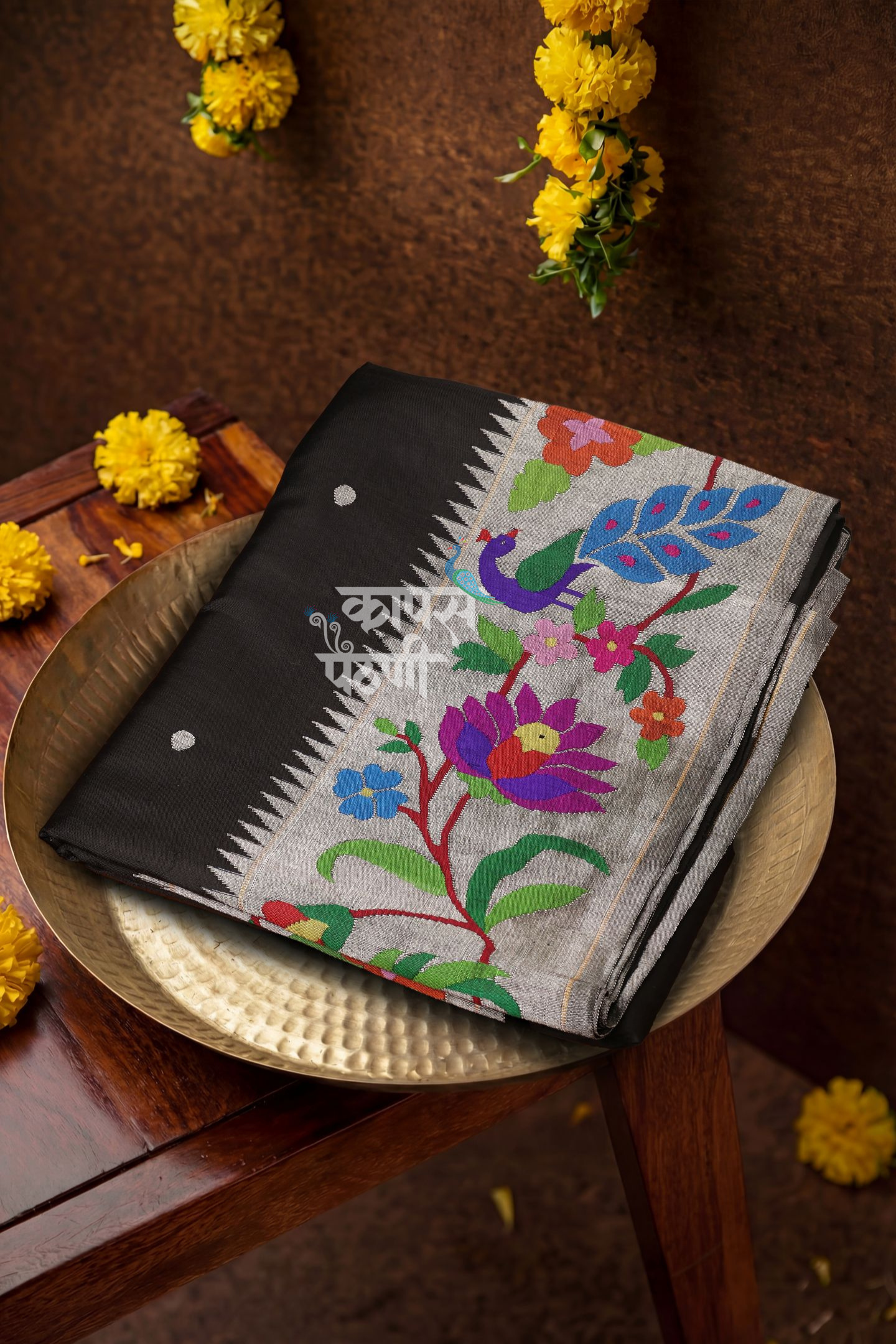 Hand Woven Silver Zari Border Brocade Paithani