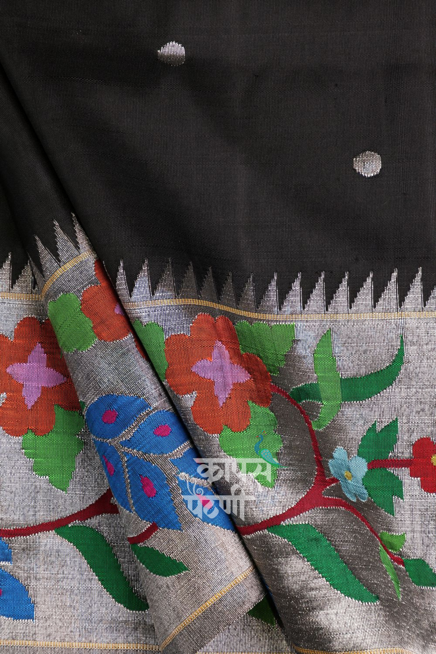 Hand Woven Silver Zari Border Brocade Paithani