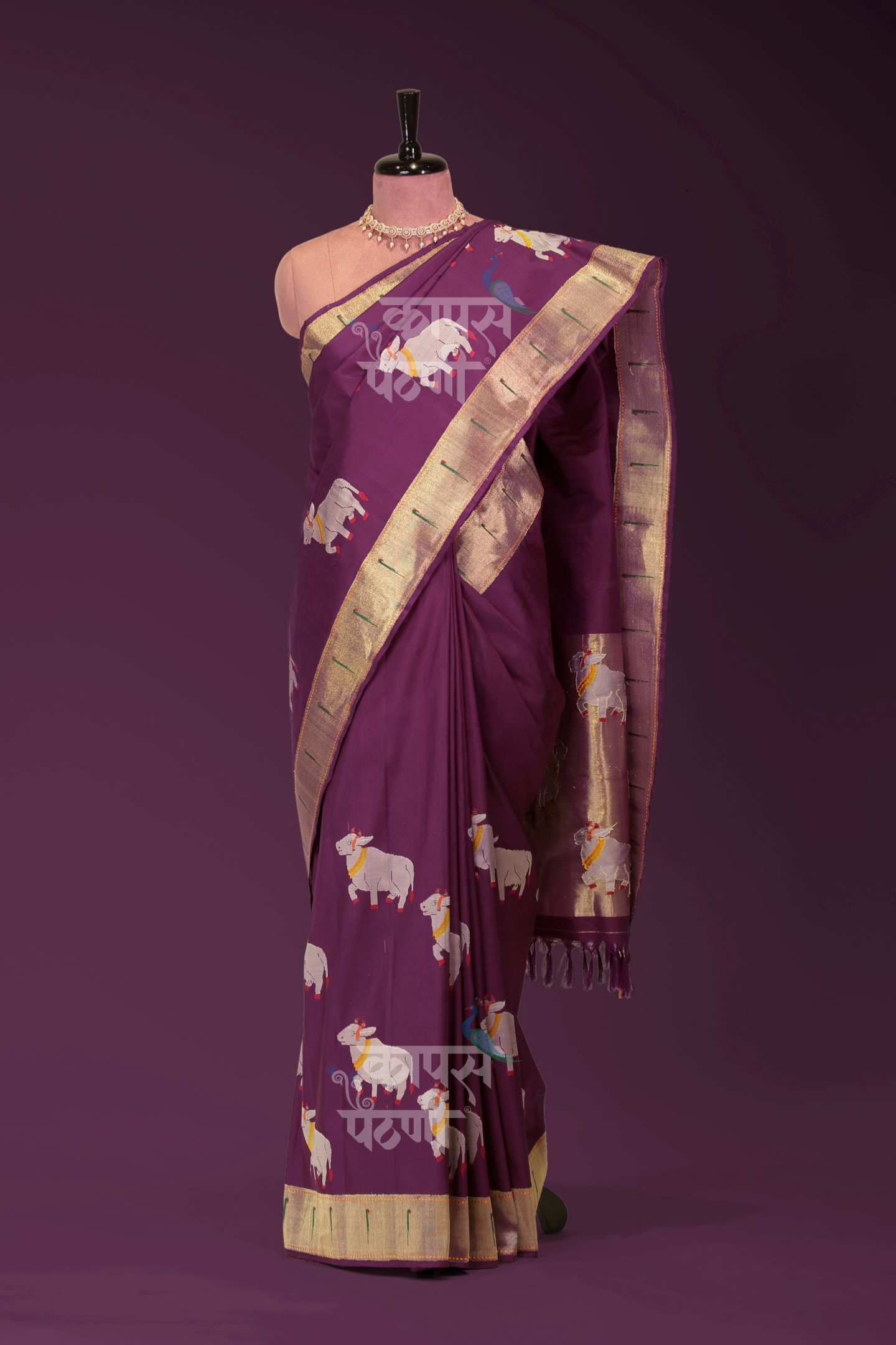 Hand Woven Half All Over Pichwai Design Paithani