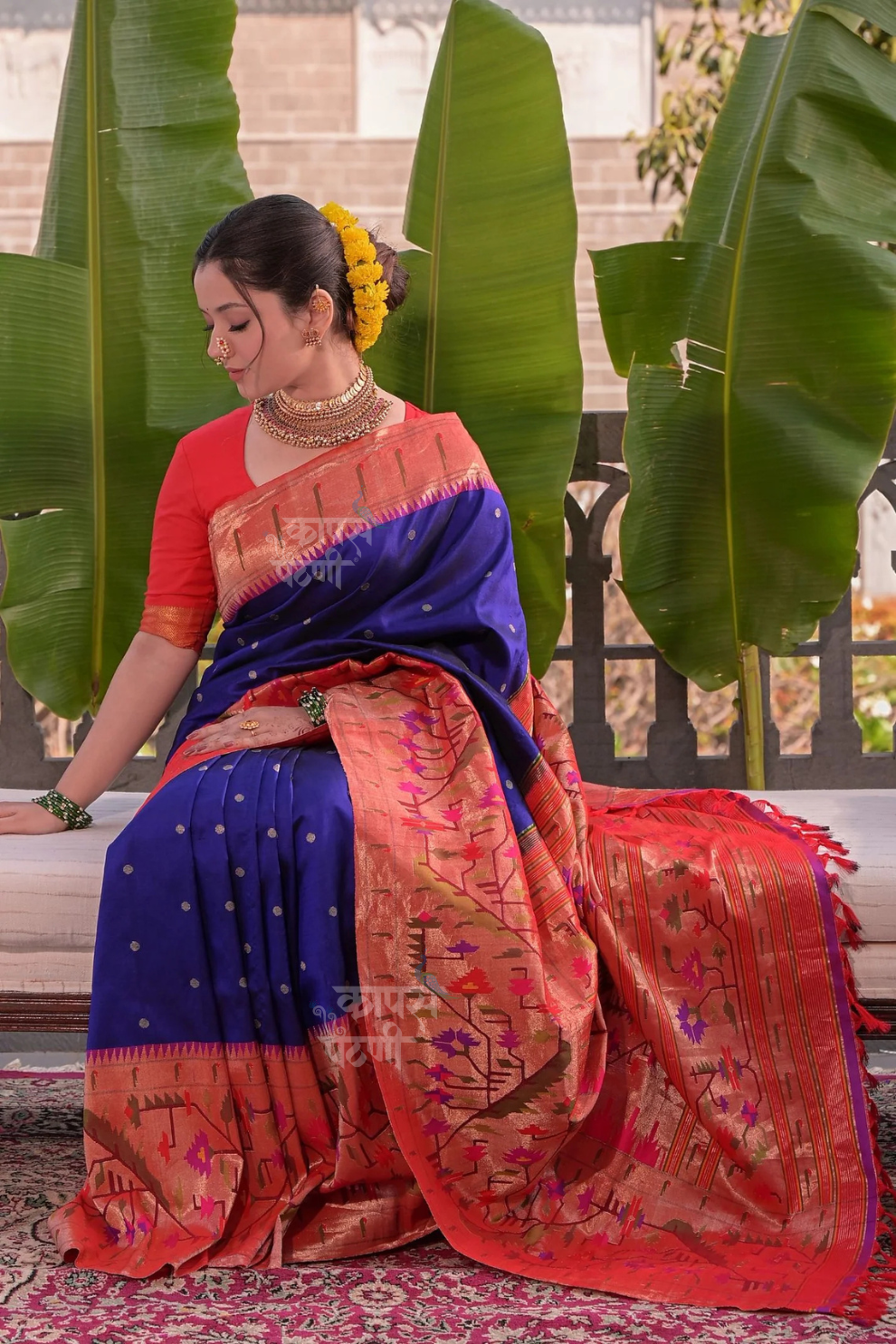 Hand Woven Half All Over Asawali Design Paithani