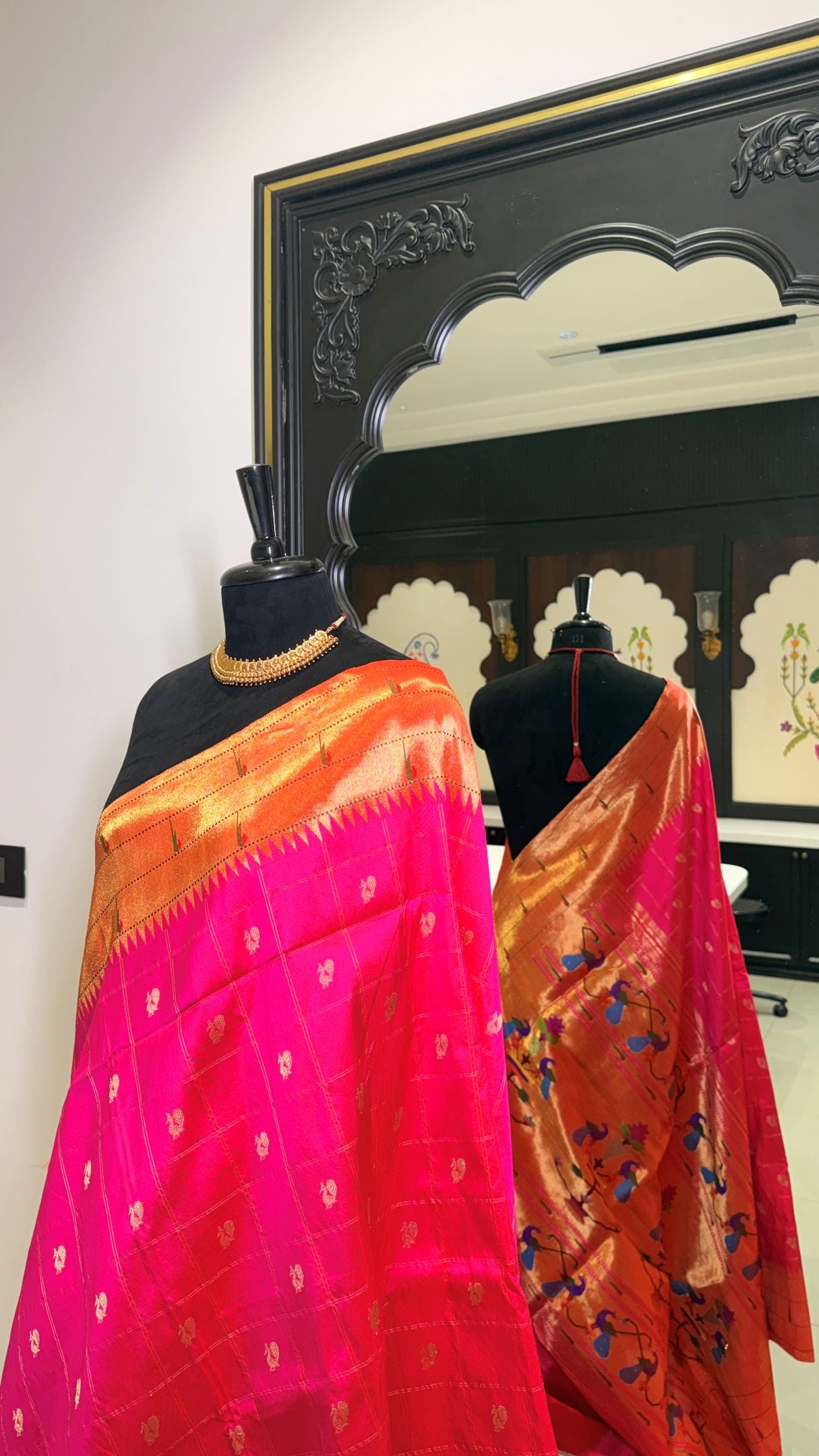 Hand Woven Triple Muniya Checks Peacock Butti Paithani