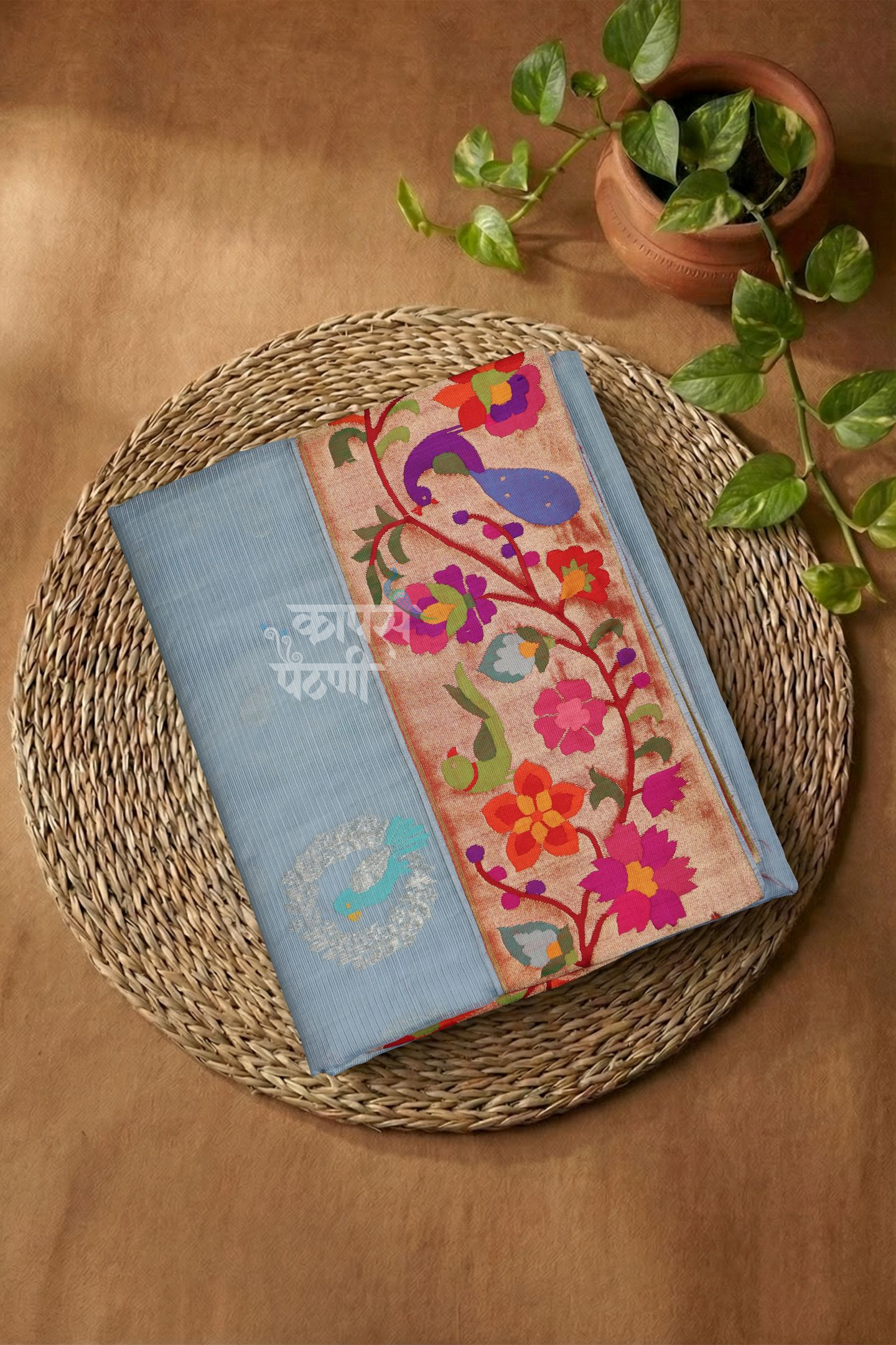 Hand Woven Pure Organza and Pure Tissue Paithani Fusion