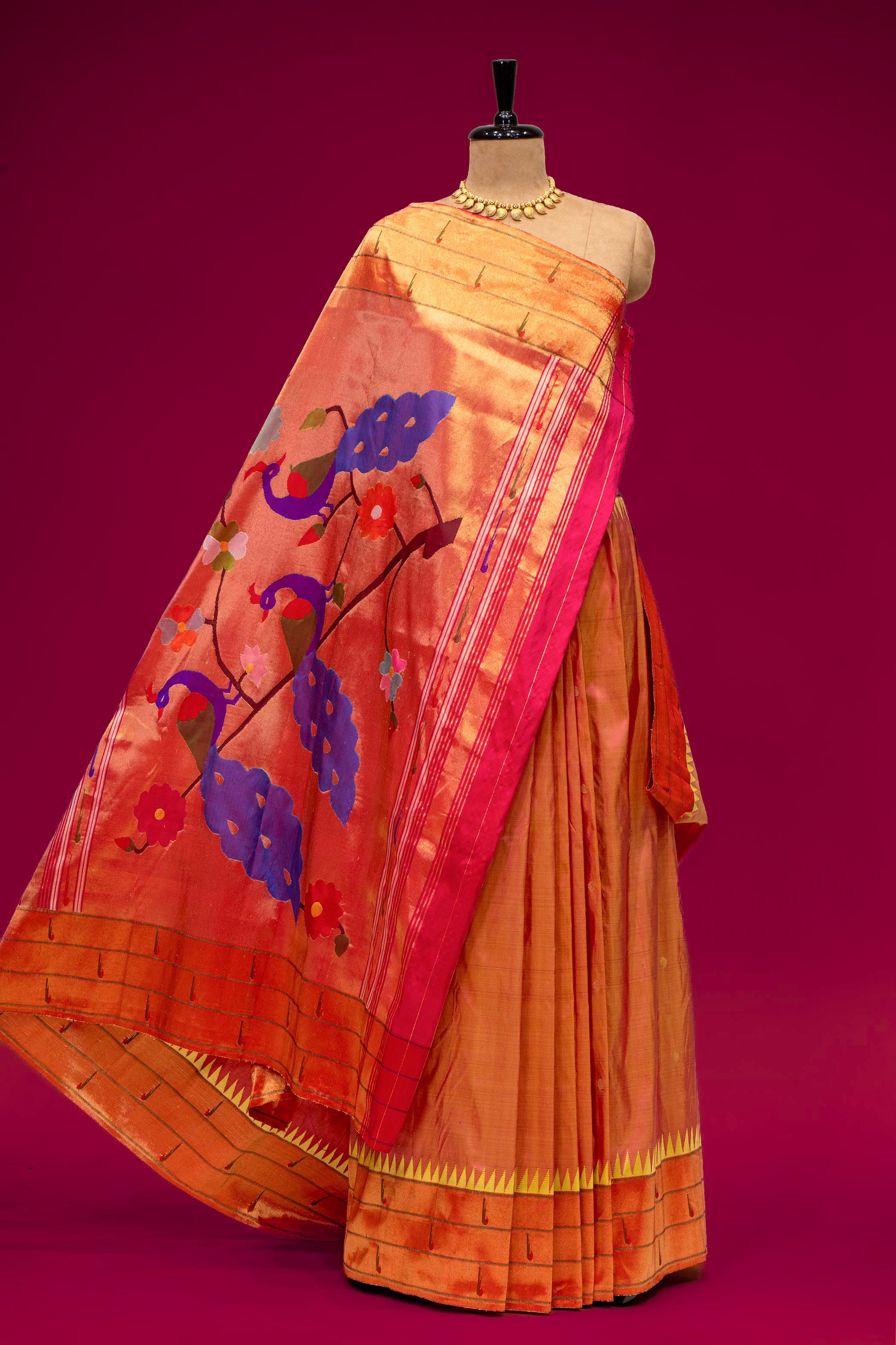 Hand Woven Pure Silk Mustard Yellow Triple Muniya Paithani