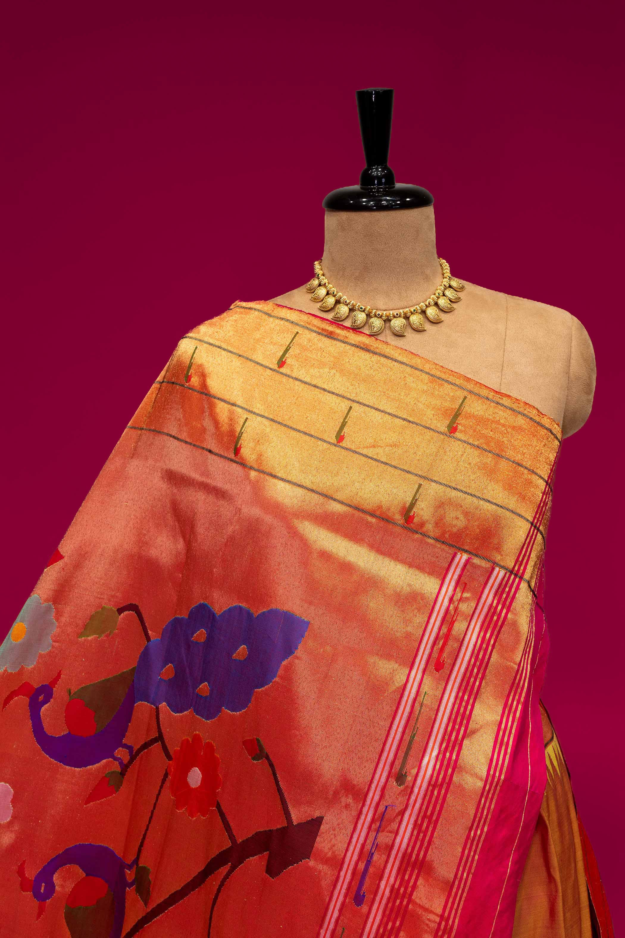 Hand Woven Pure Silk Mustard Yellow Triple Muniya Paithani