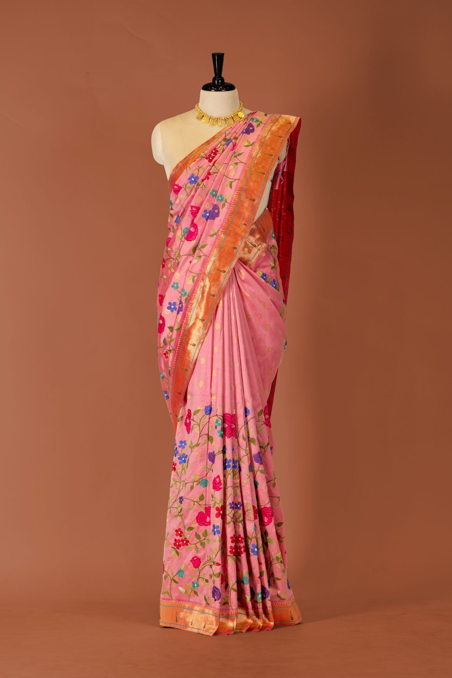 Traditional Pure Silk Muniya All Over Embroidery Work Fusion Saree