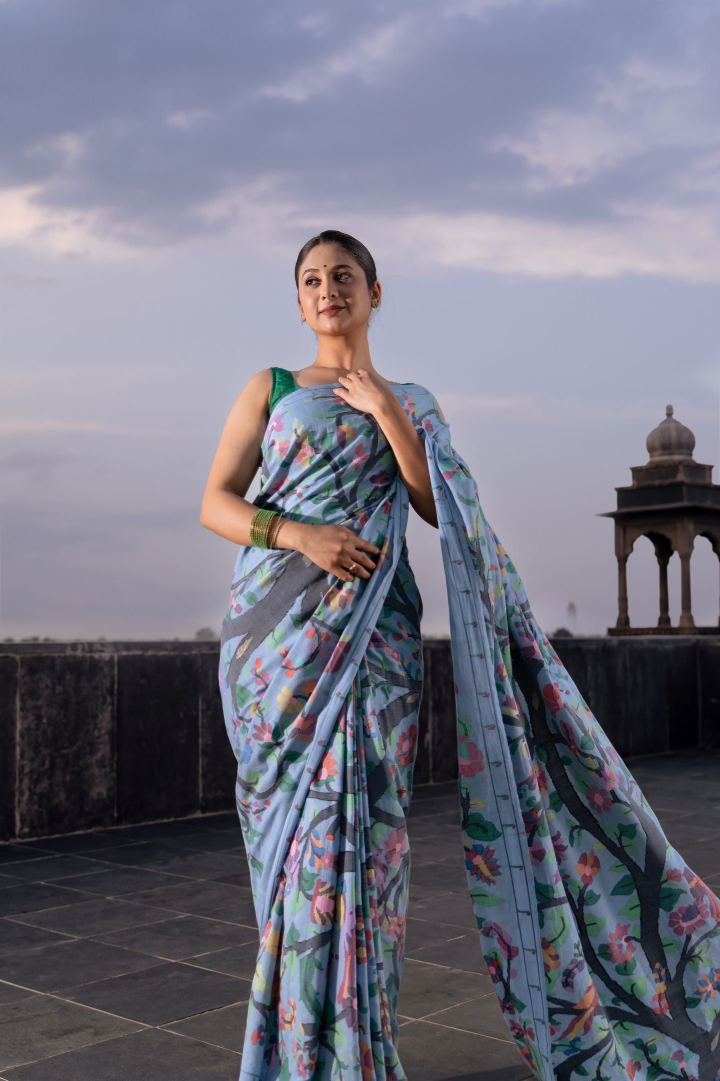 Handwoven Cotton Allover Brocade Tree Of Life Paithani