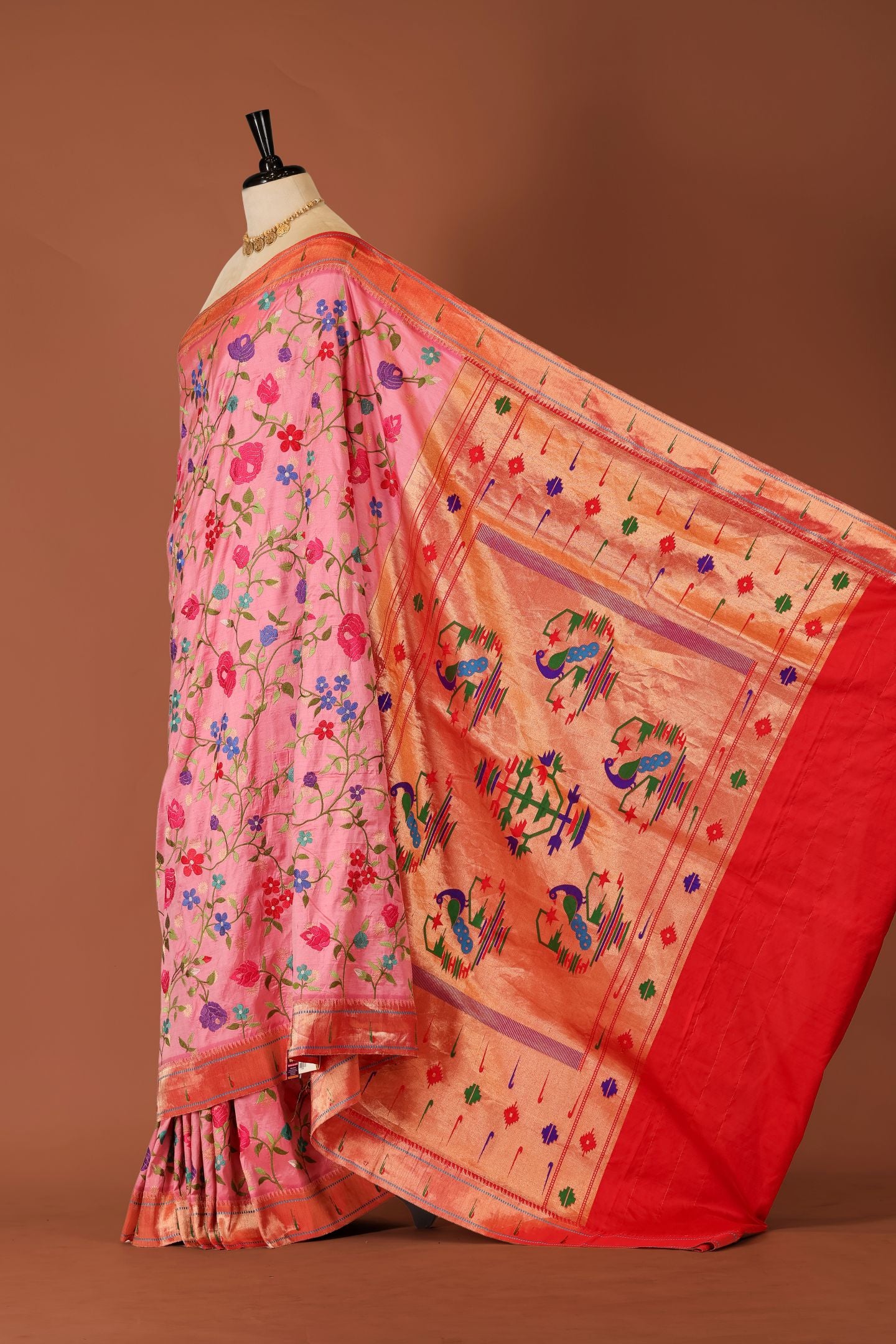 Traditional Pure Silk Muniya All Over Embroidery Work Fusion Saree