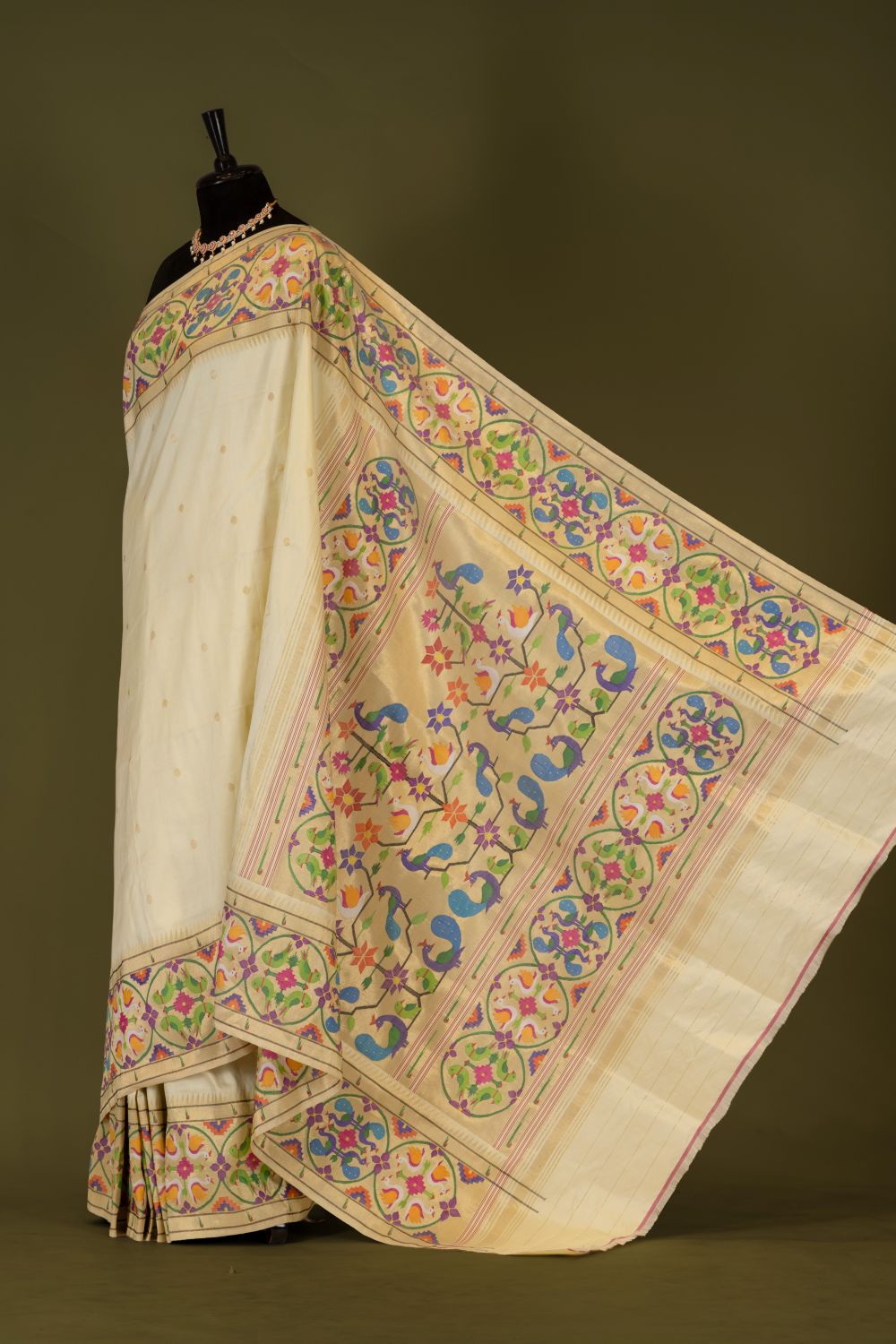 Handwoven Bangdi with Peacock Parrot Swan Paithani