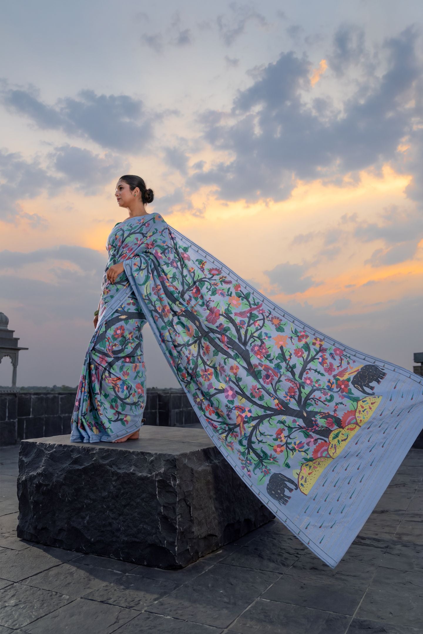 Handwoven Cotton Allover Brocade Tree Of Life Paithani