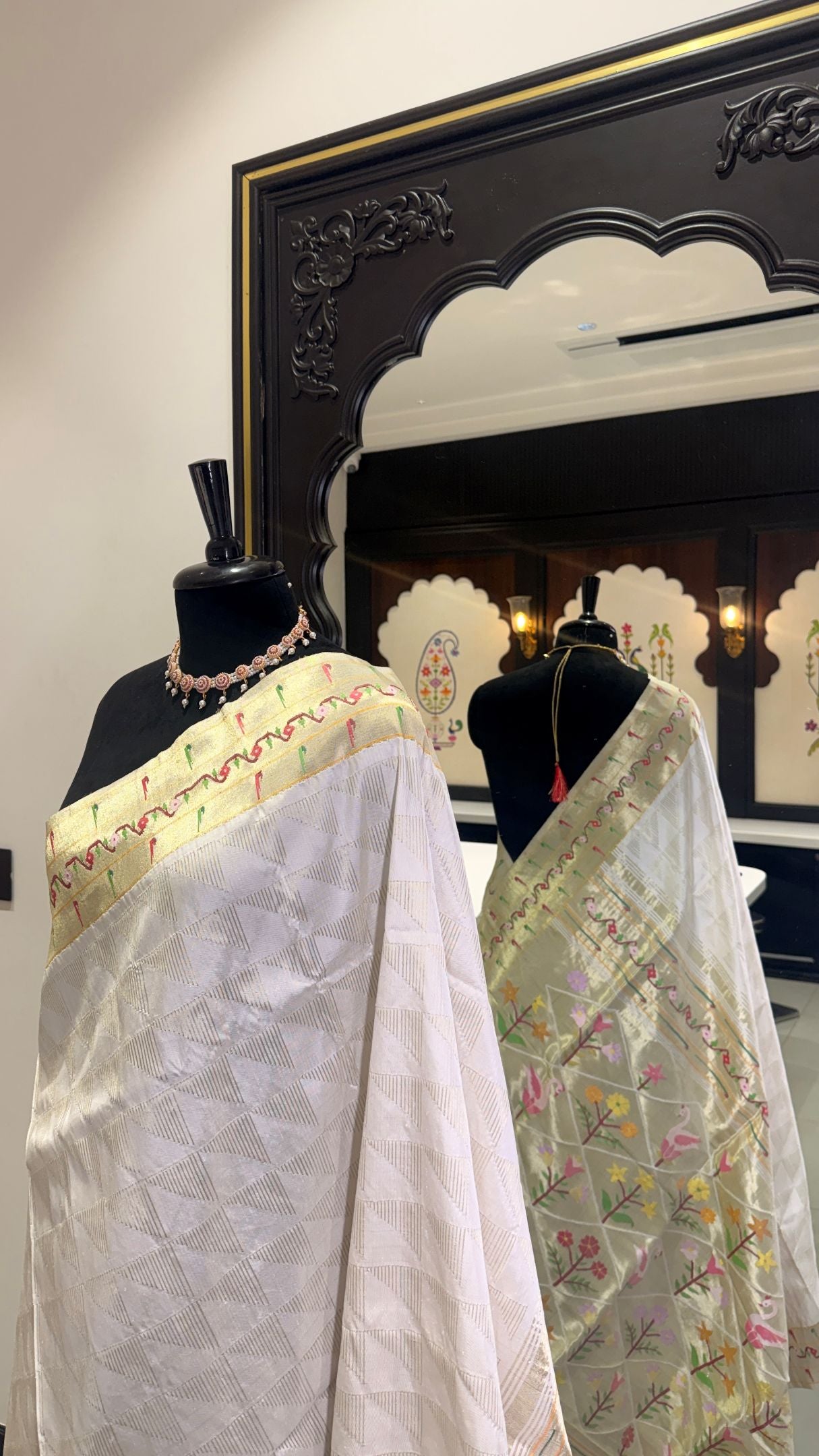 Handwoven Geometrical Asawali with Grand Motif Pallu Paithani