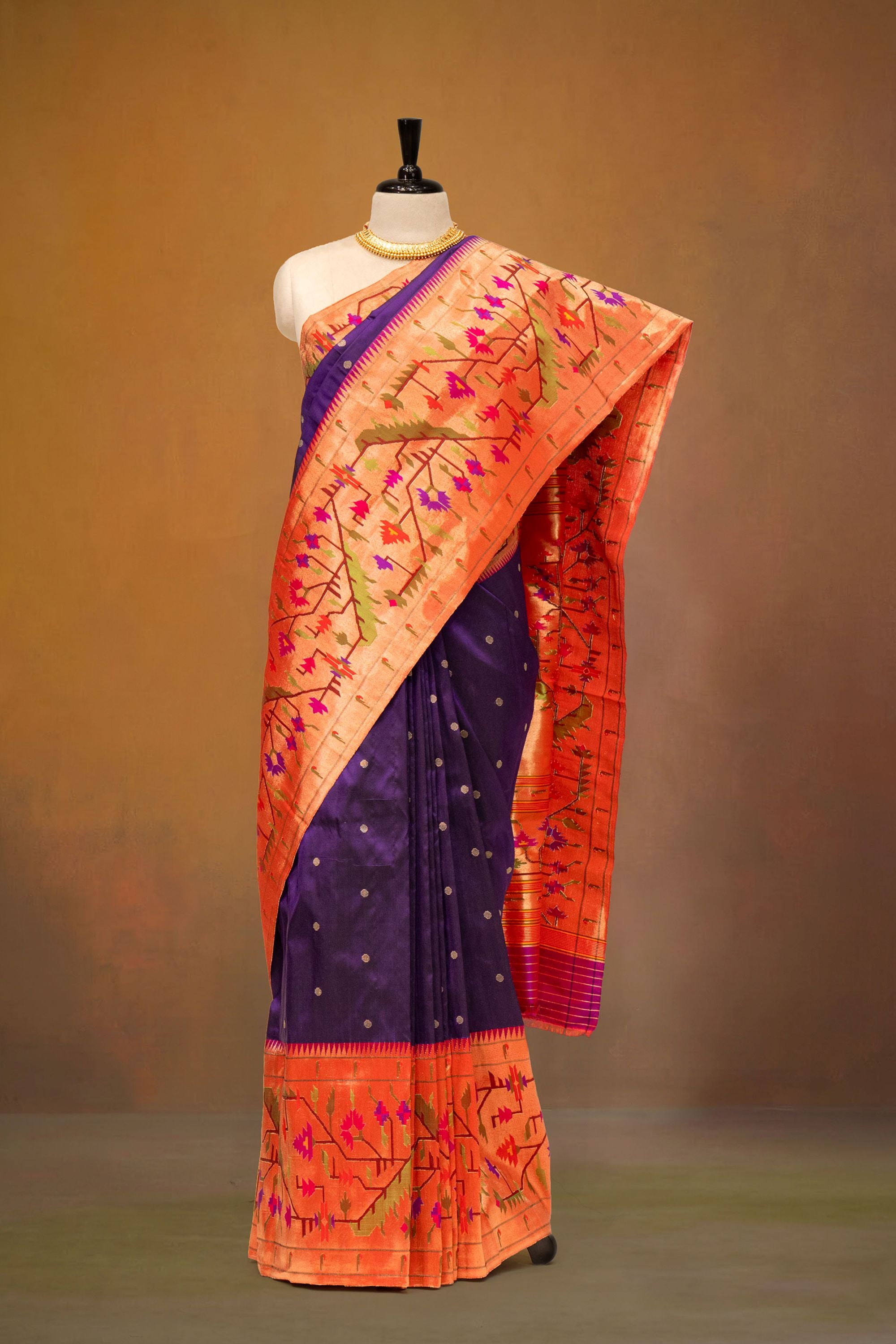 Hand Woven Half All Over Asawali Design Paithani