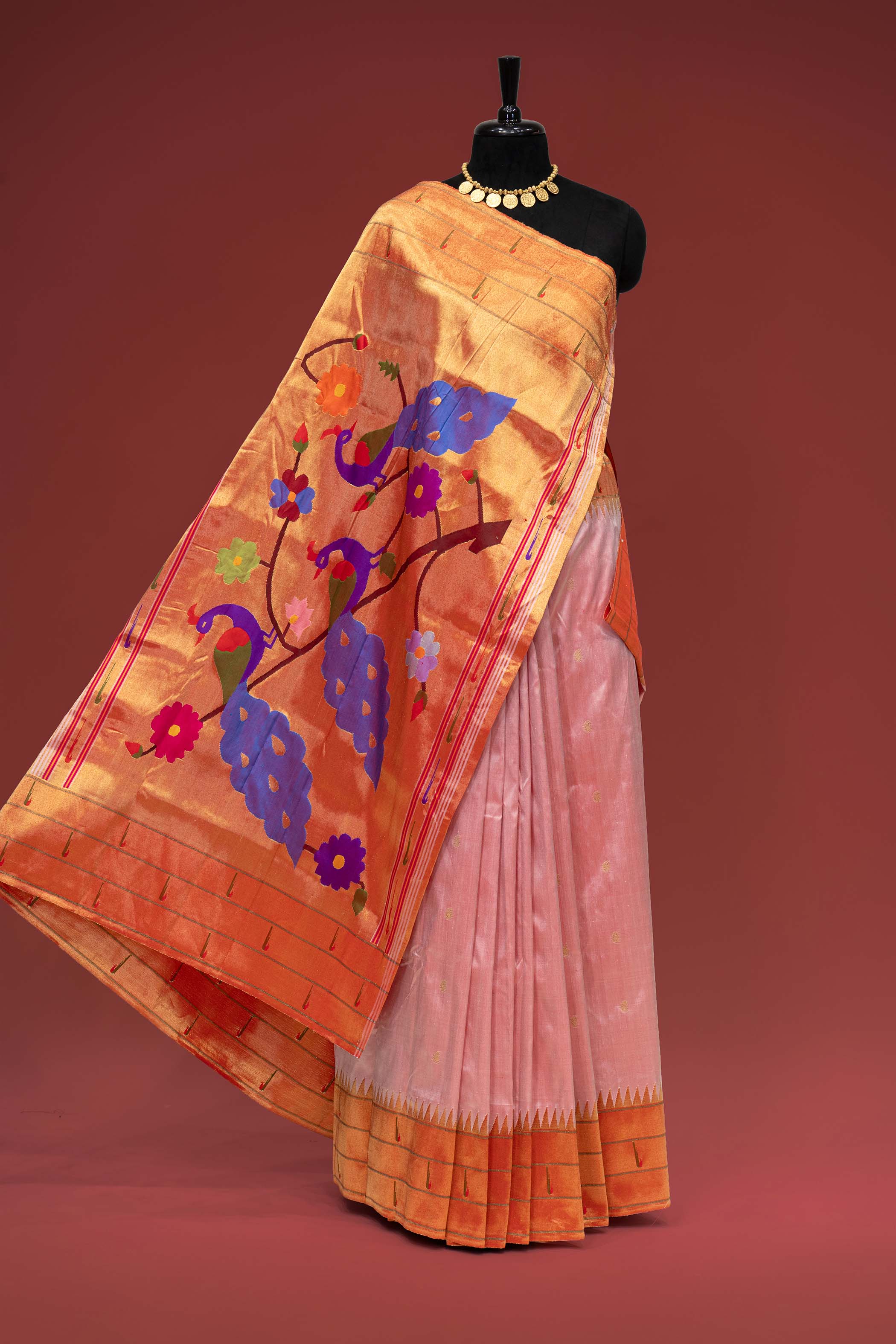 Hand Woven Pure Silk Onion Pink Triple Muniya Paithani