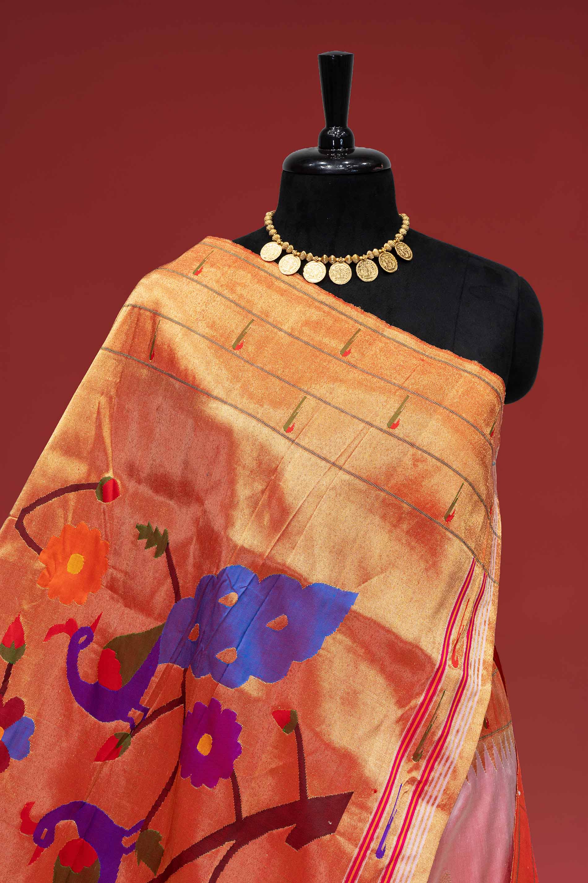 Hand Woven Pure Silk Onion Pink Triple Muniya Paithani