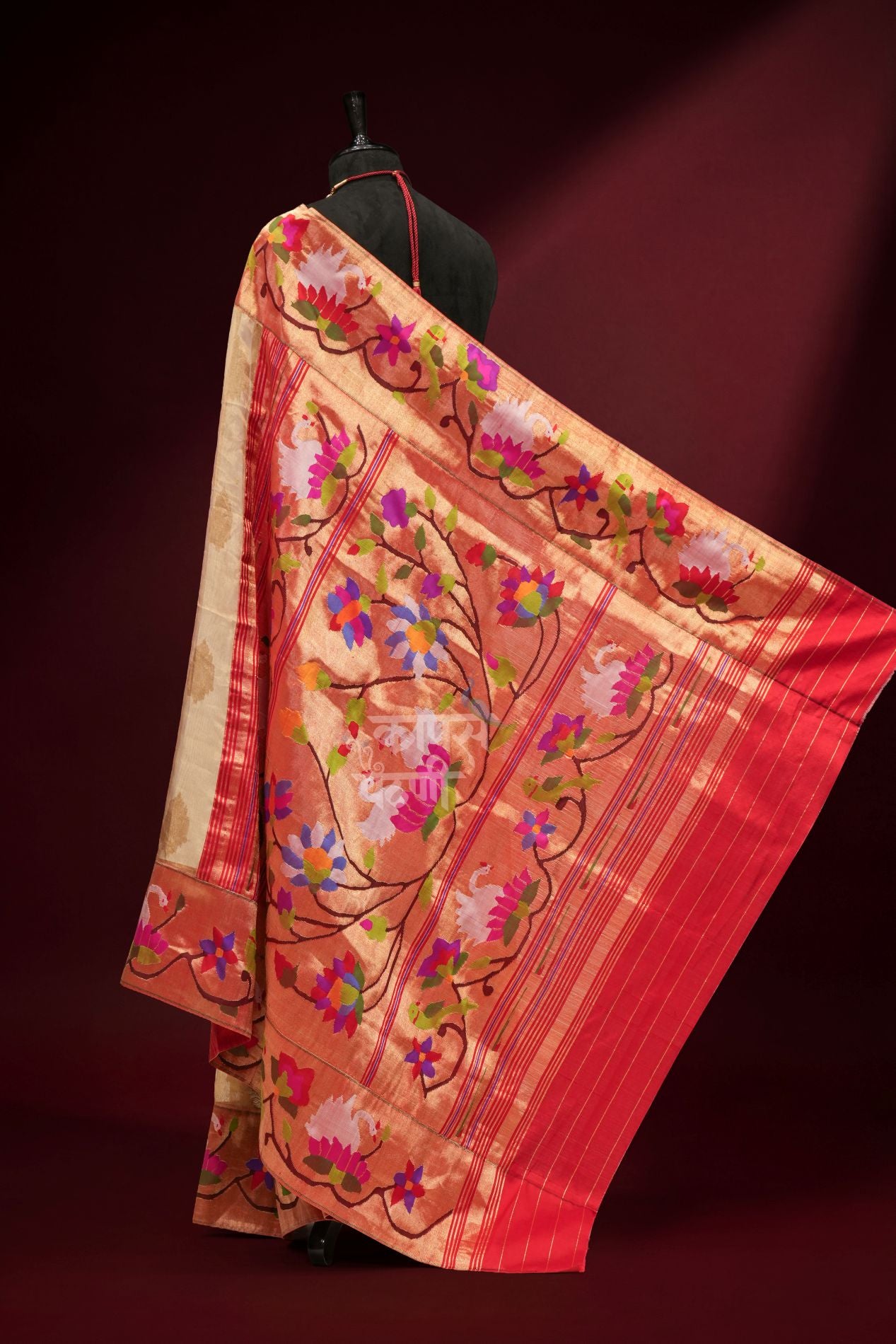 Handwoven Tissue Organza Swan Border Paithani