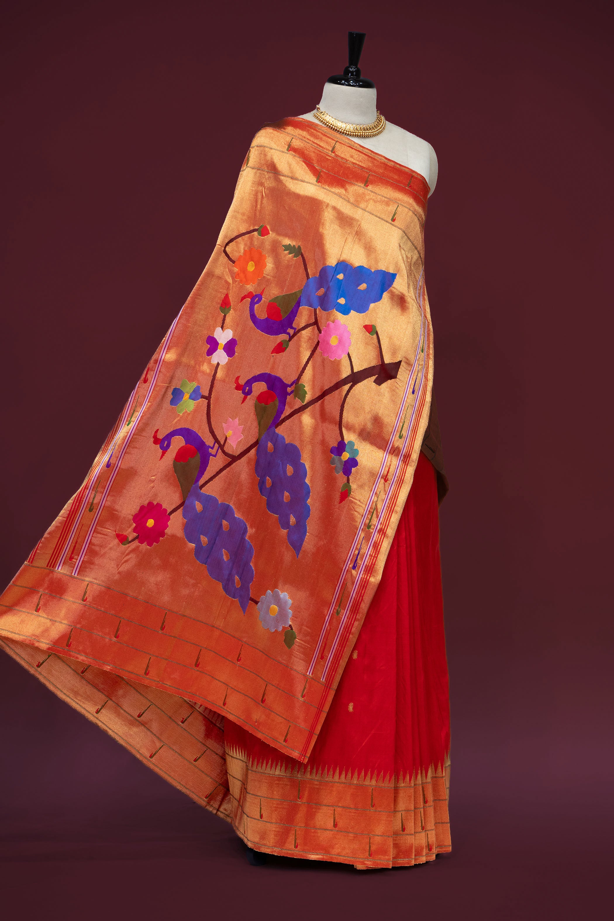 Hand Woven Pure Silk Red Tripple Muniya Paithani