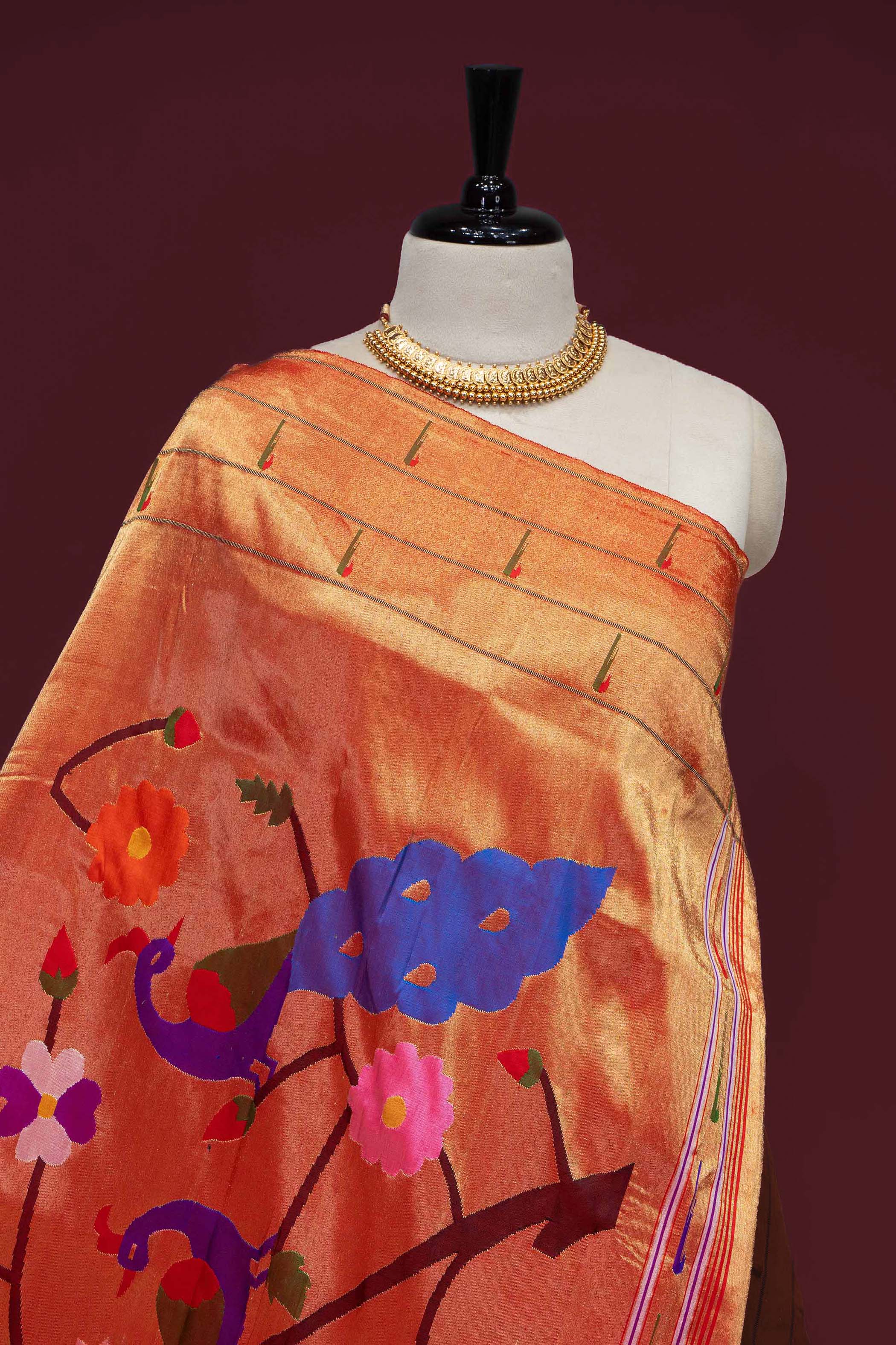 Hand Woven Pure Silk Red Tripple Muniya Paithani