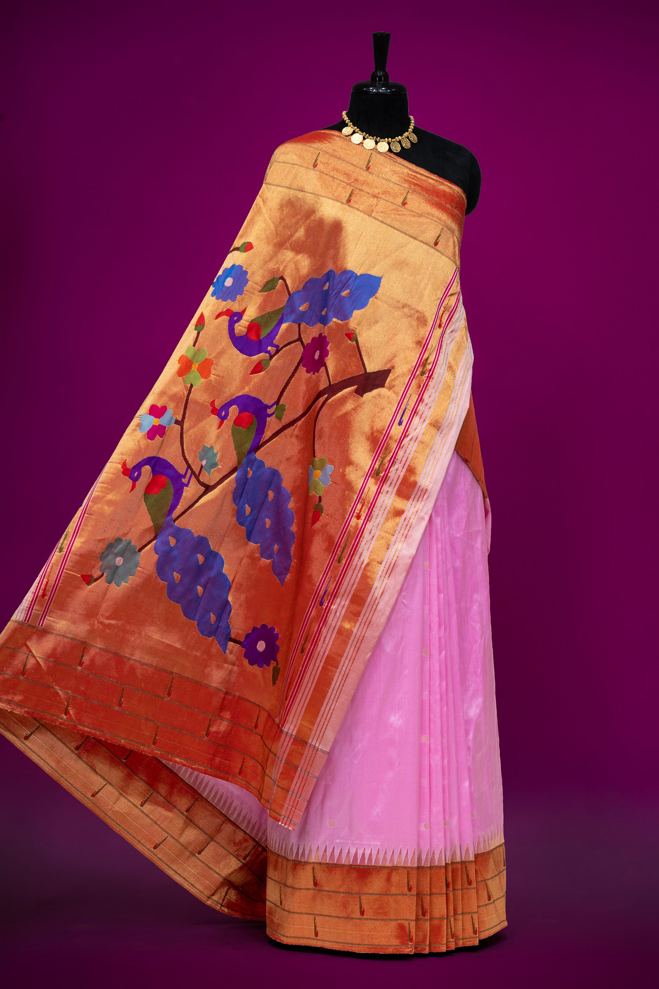 Hand Woven Pure Silk Light Pink Tripple Muniya Paithani