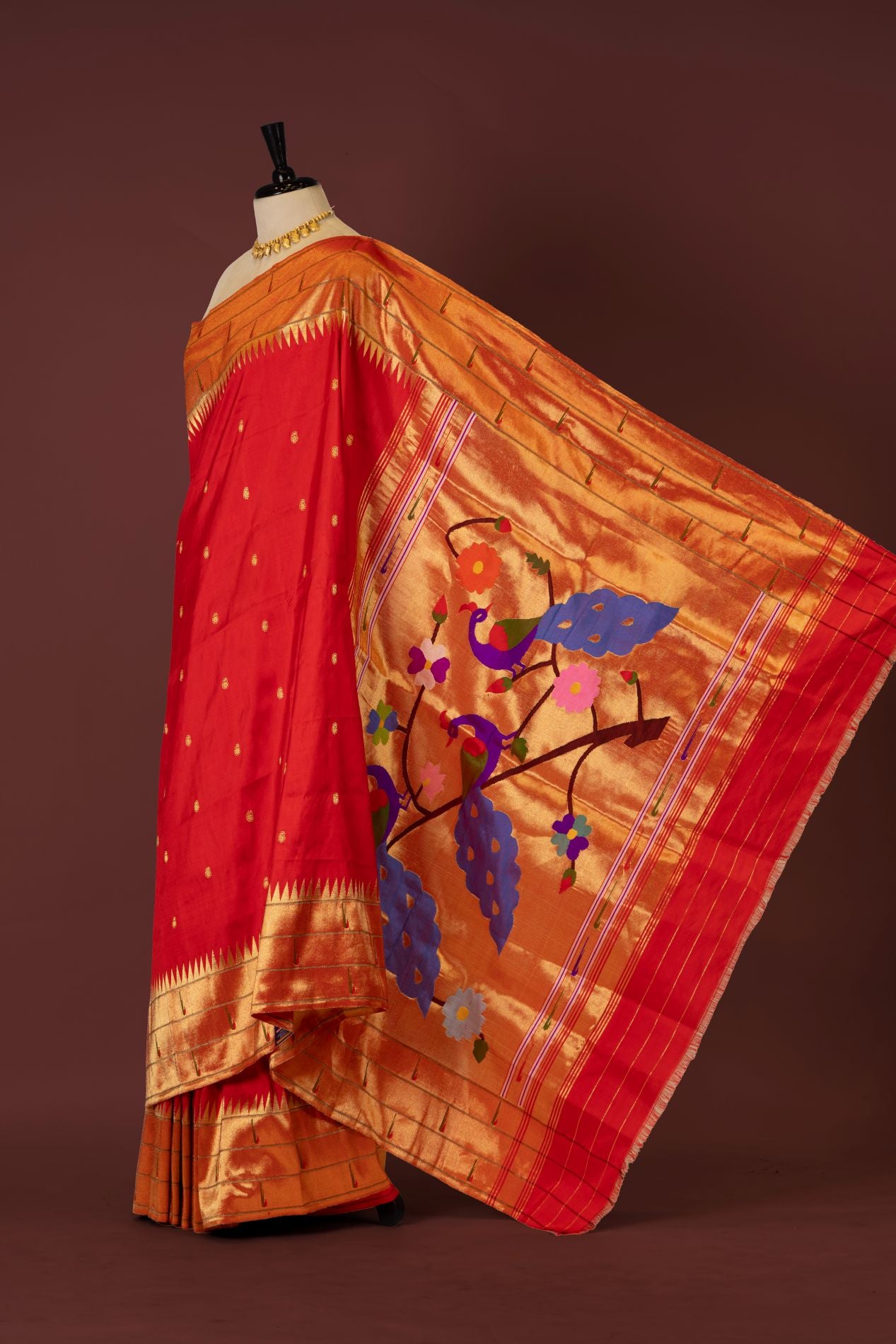 Hand Woven Red Tripple Muniya Paithani