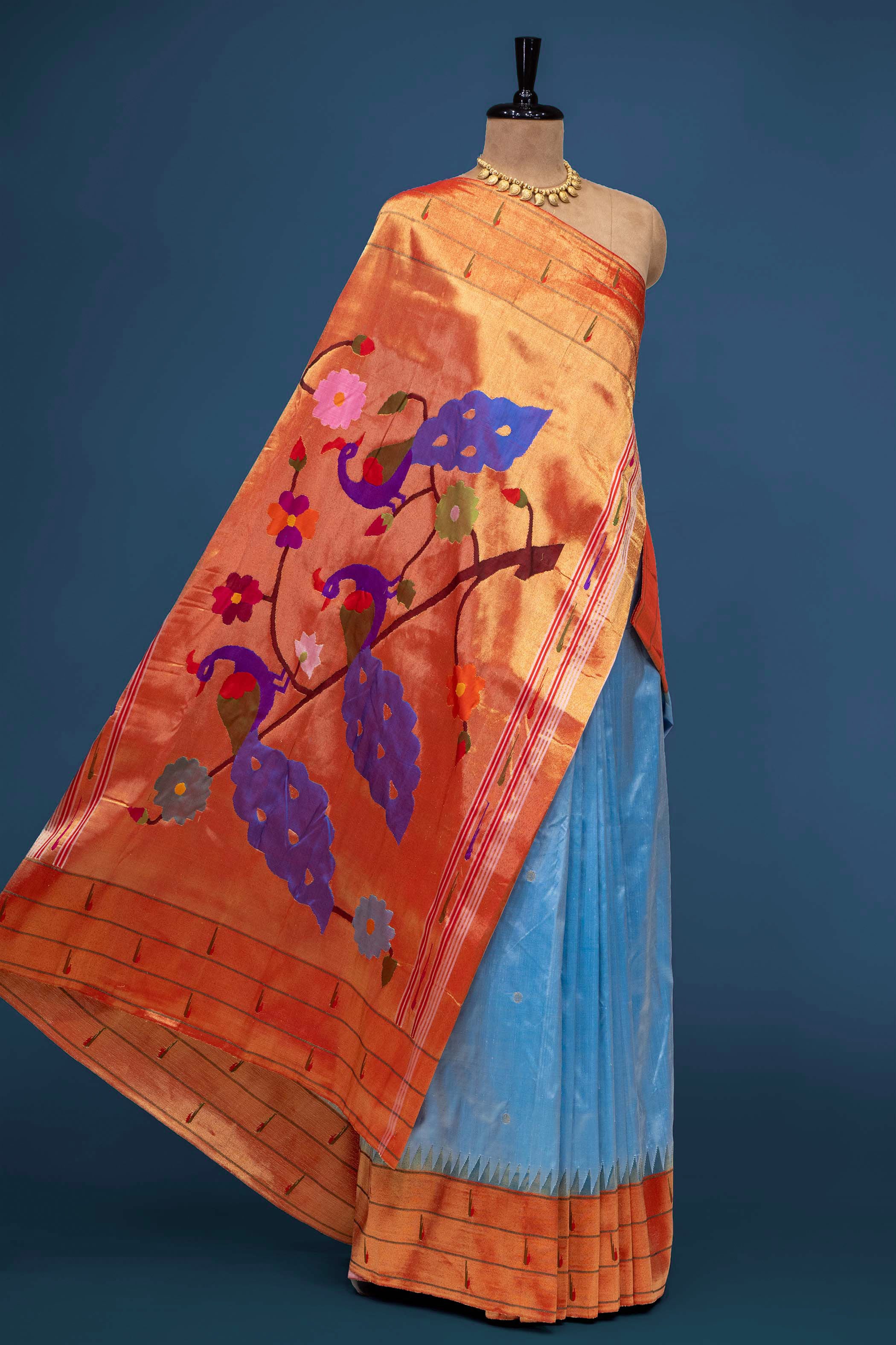 Hand Woven Pure Silk Cyan Blue Tripple Muniya Paithani