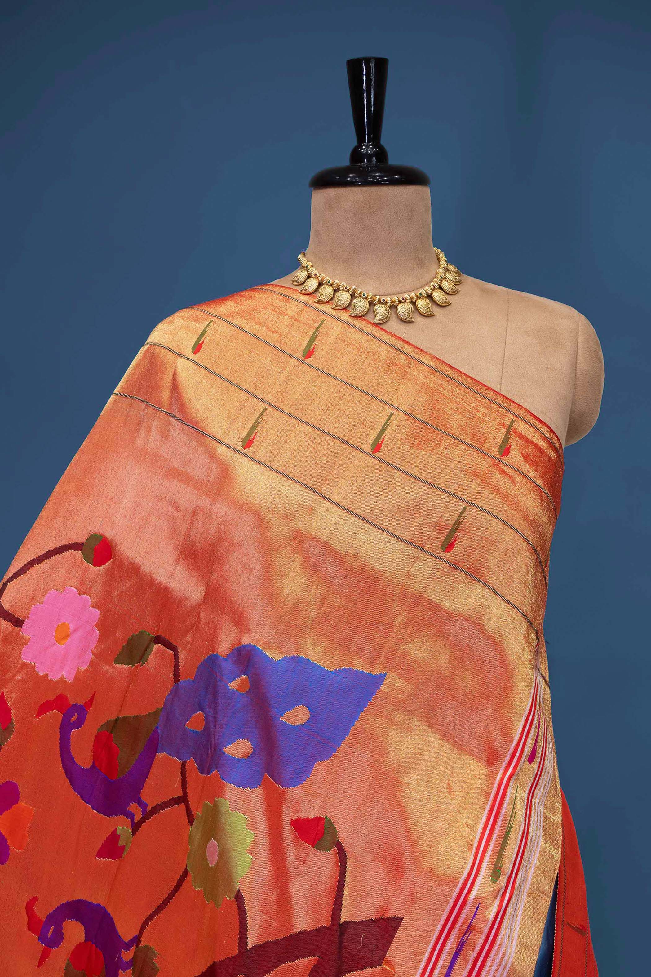 Hand Woven Pure Silk Cyan Blue Tripple Muniya Paithani