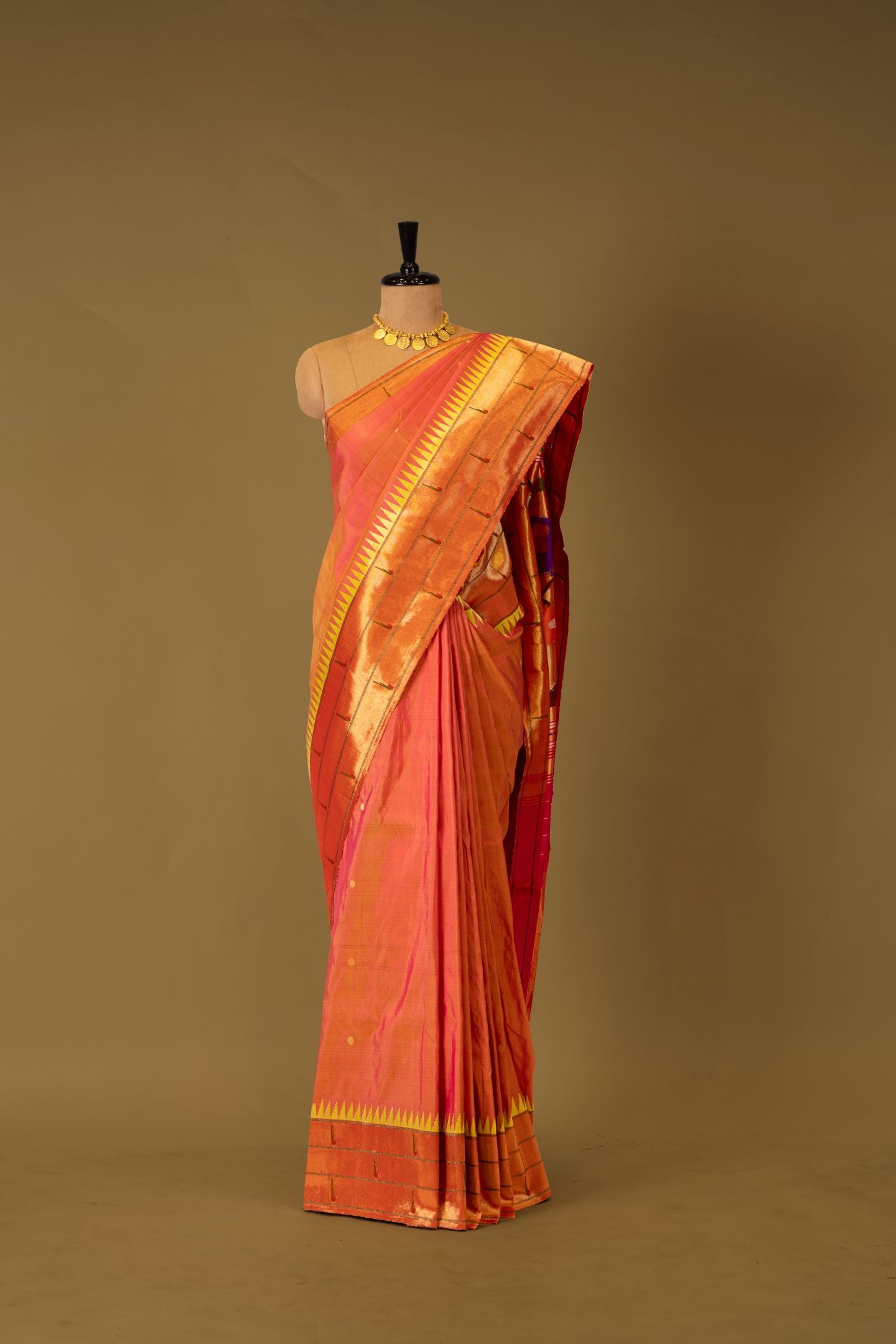 Hand Woven Mustard Yellow Triple Muniya Paithani