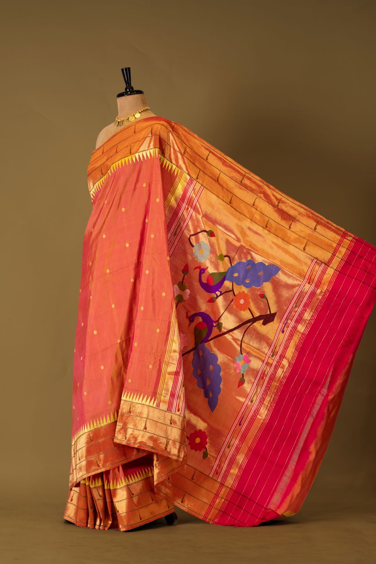 Hand Woven Mustard Yellow Triple Muniya Paithani