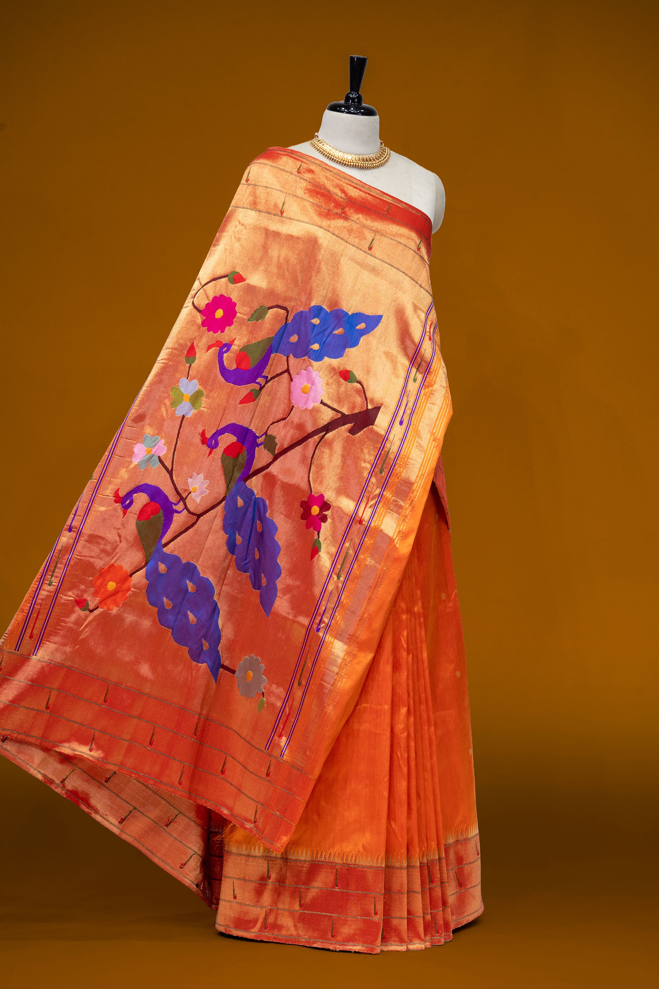 Hand Woven Pure Silk Mango Yellow Tripple Muniya Paithani