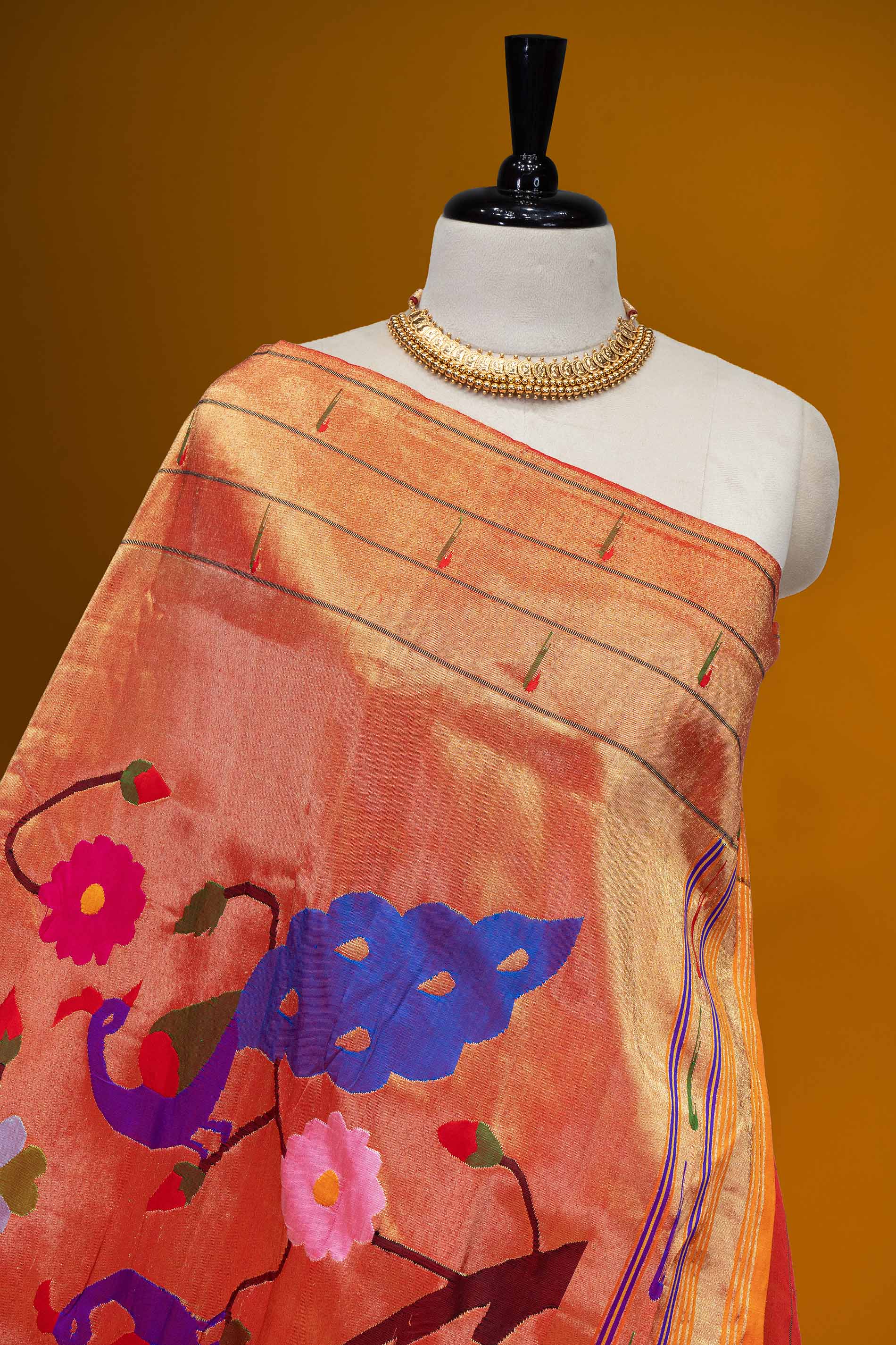 Hand Woven Pure Silk Mango Yellow Tripple Muniya Paithani