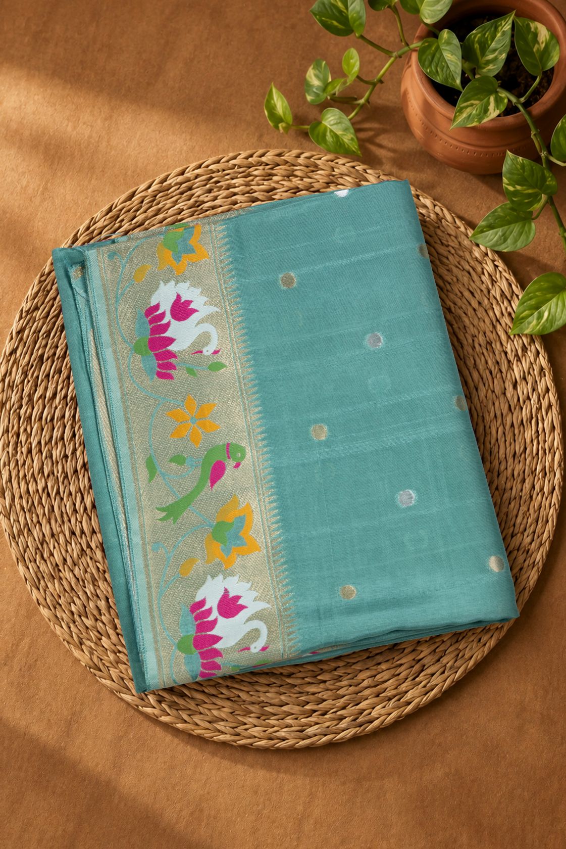 Designer Swan & Parrot Floral Border Semi Silk Saree