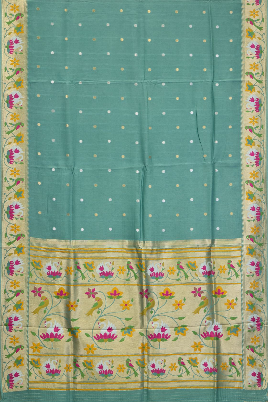 Designer Swan & Parrot Floral Border Semi Silk Saree
