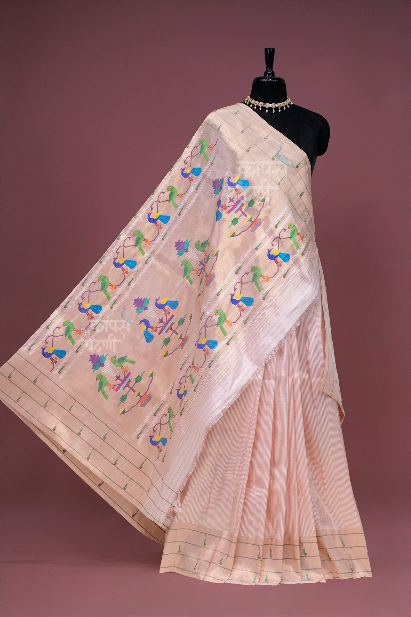 Hand Woven Stripe Tissue Designer Muniya Paithani