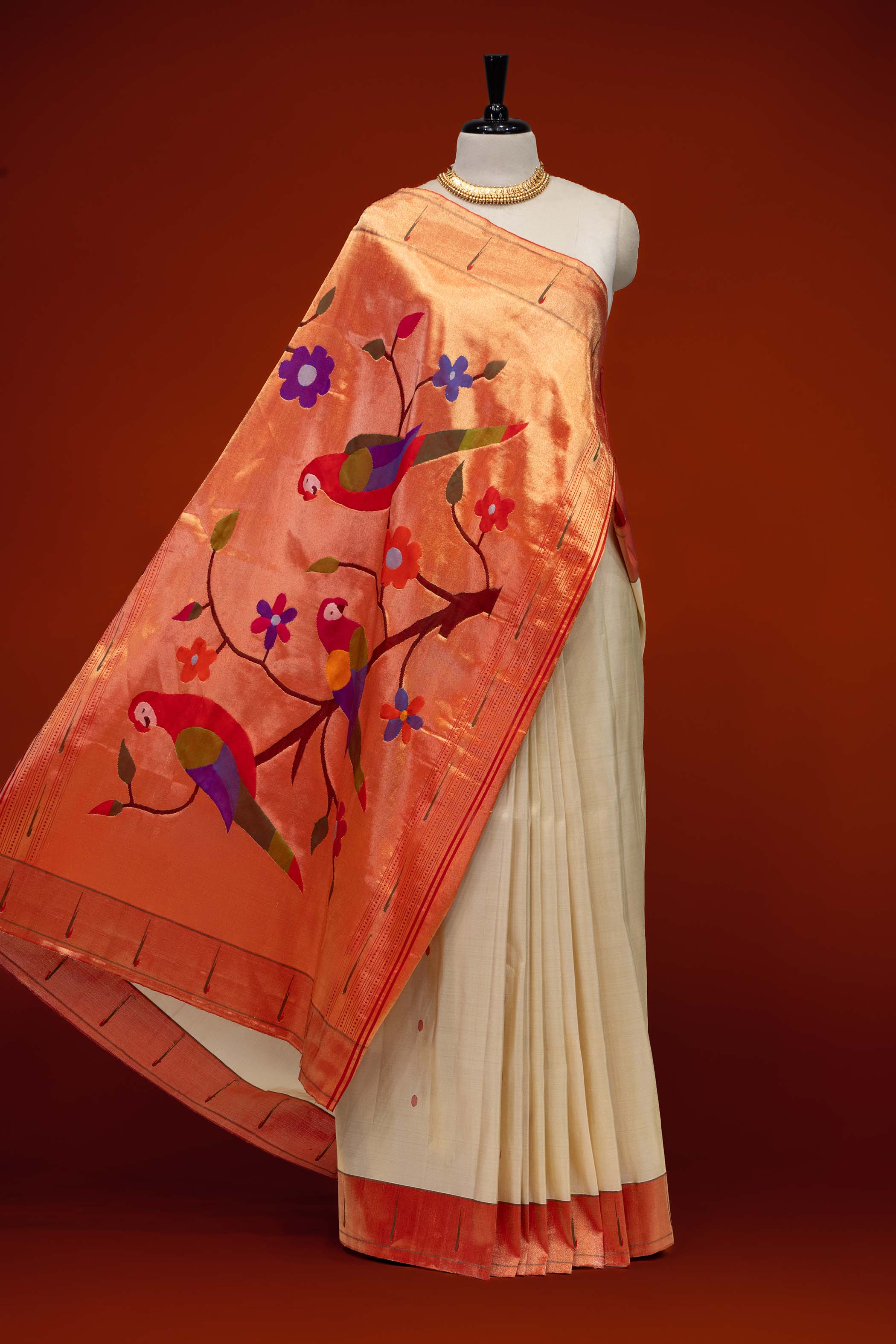 Hand Woven Pure Silk Tissue Muniya Border Paithani