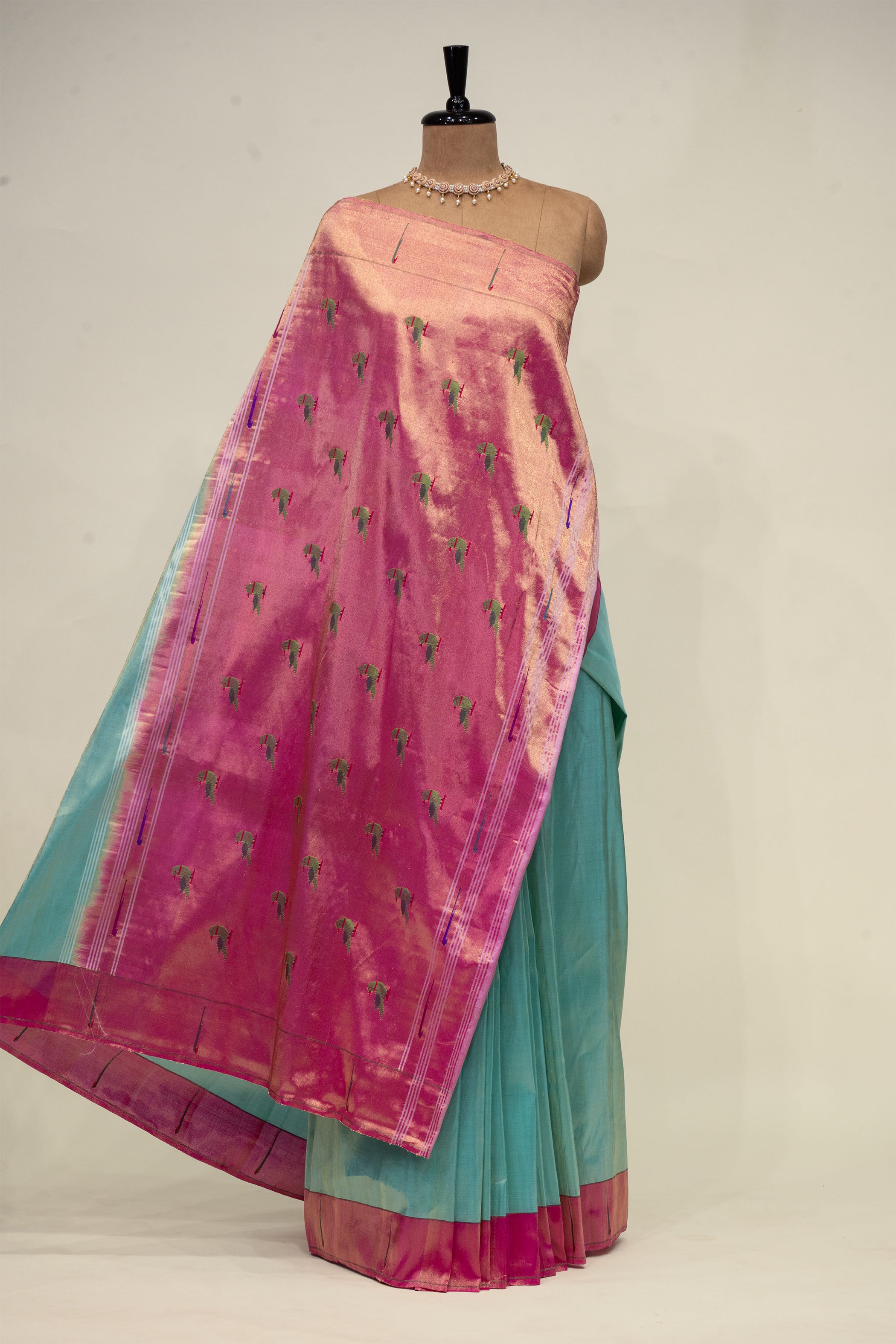 Hand Woven Pure Silk Tissue Muniya Border Paithani