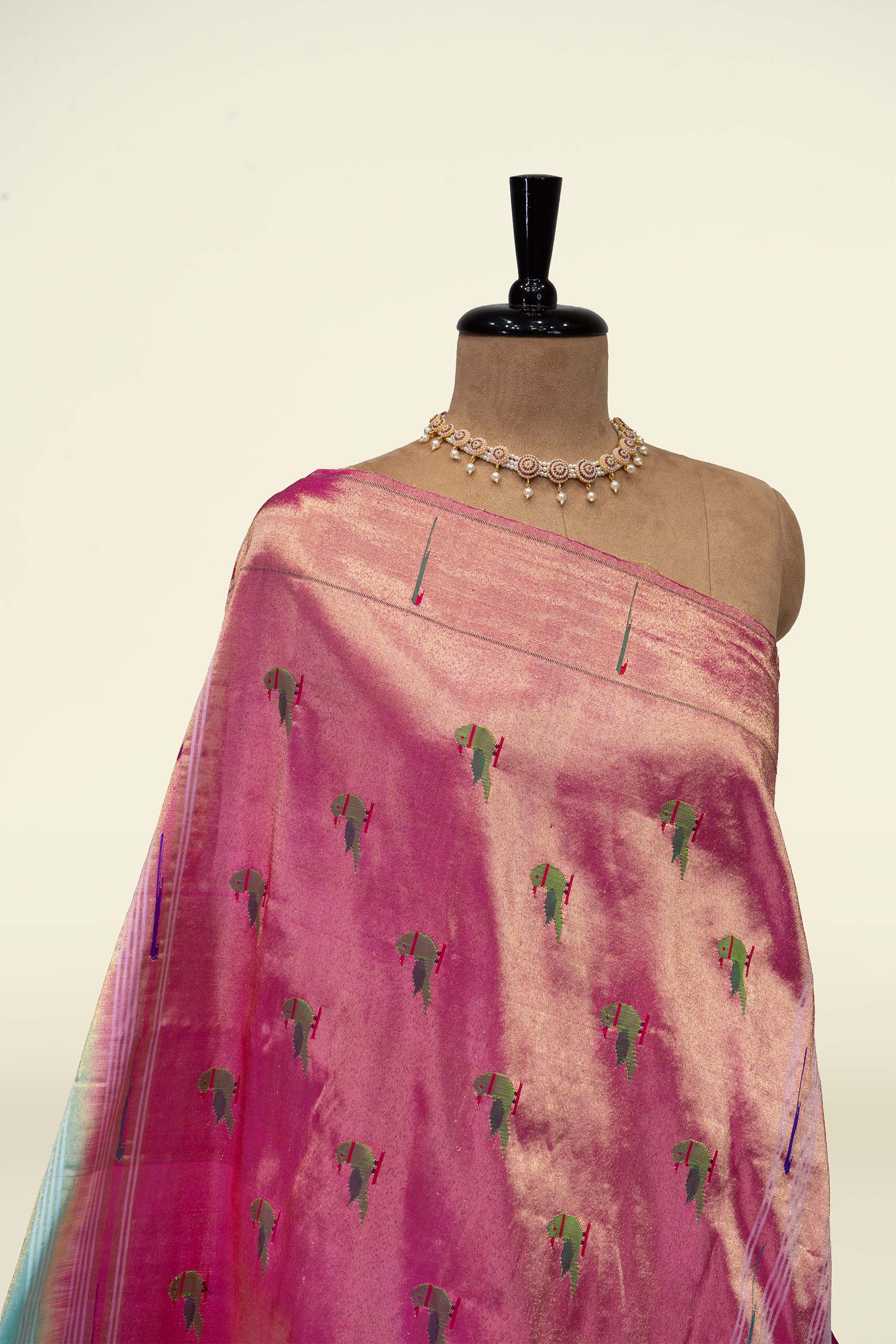 Hand Woven Pure Silk Tissue Muniya Border Paithani