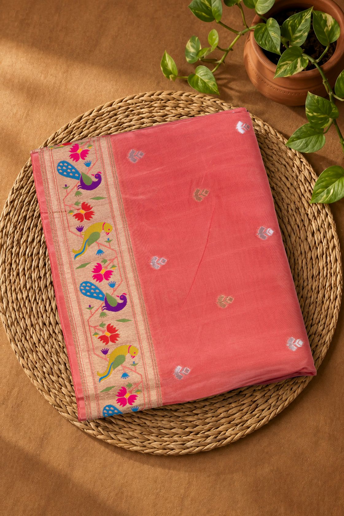 Designer Peacock & Parrot Floral Border Semi Silk Saree