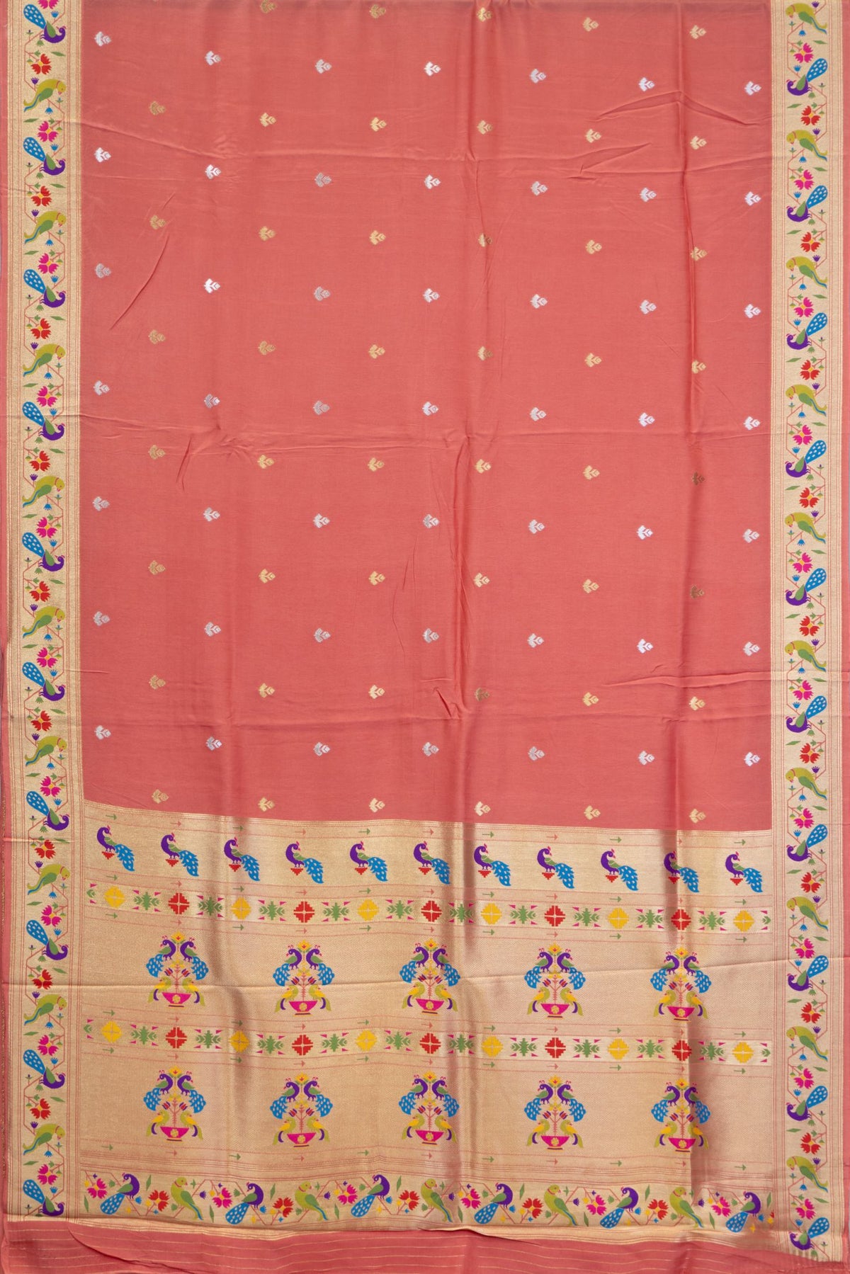 Designer Peacock & Parrot Floral Border Semi Silk Saree