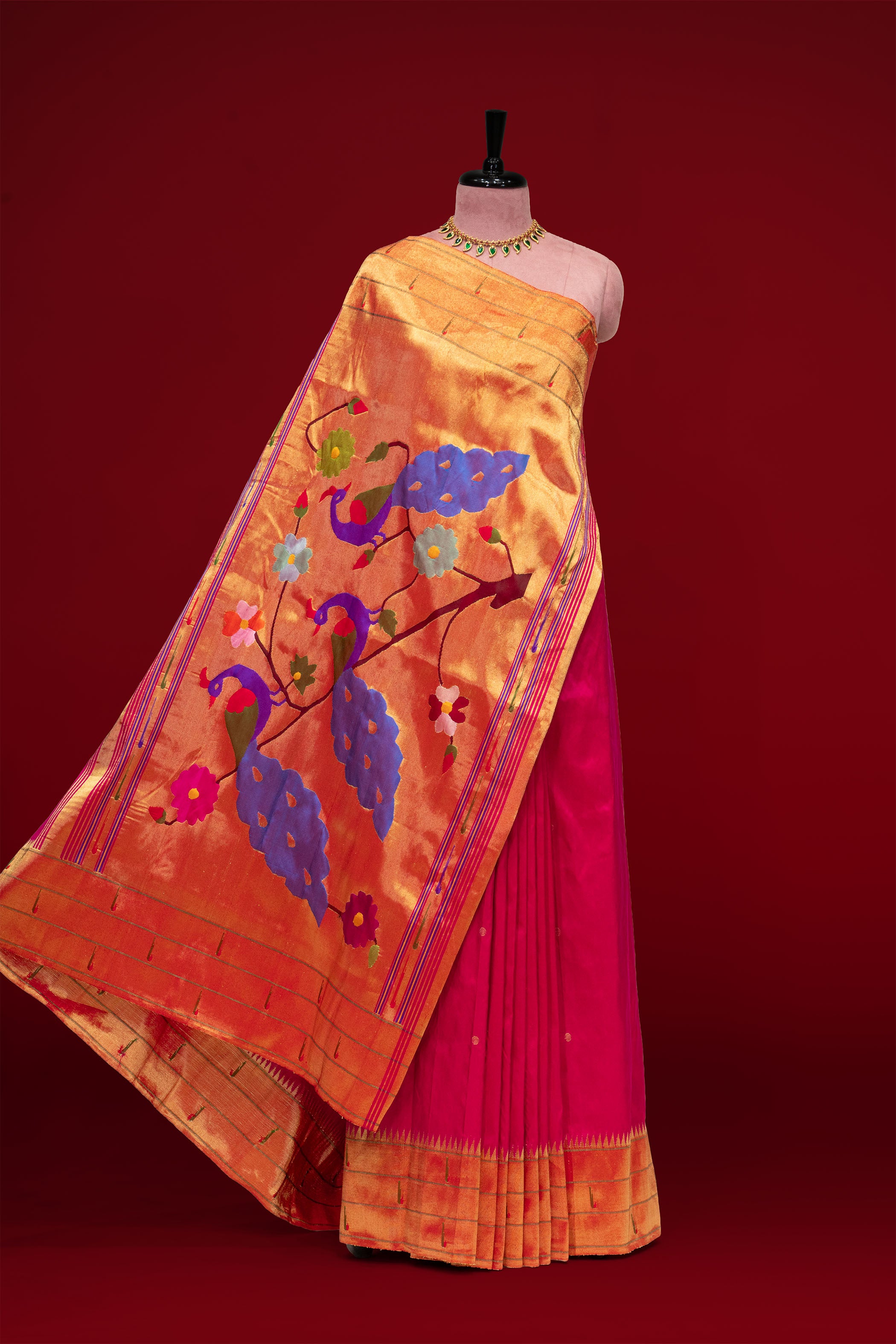 Hand Woven Pure Silk Dark Pink Tripple Muniya Paithani