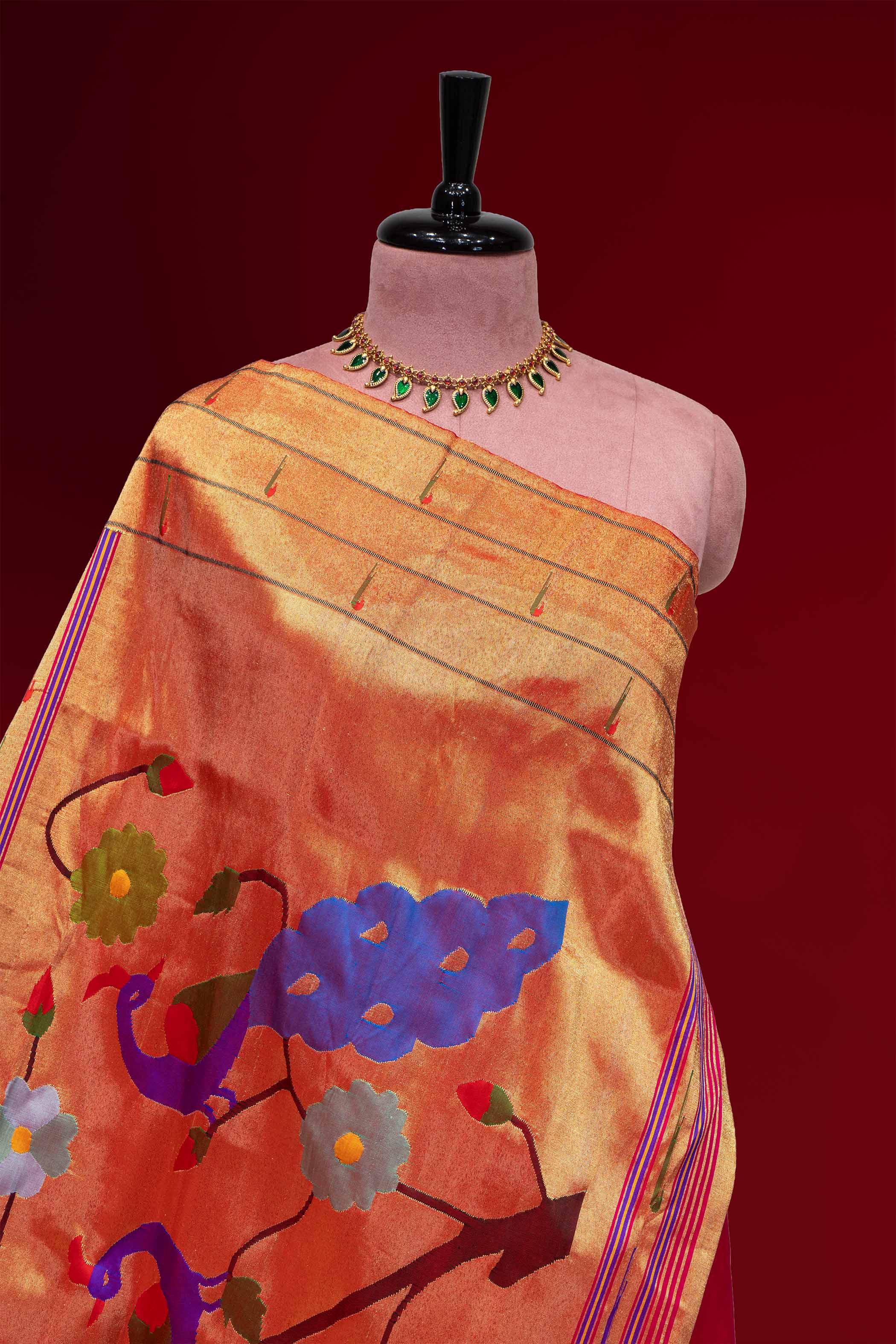 Hand Woven Pure Silk Dark Pink Tripple Muniya Paithani