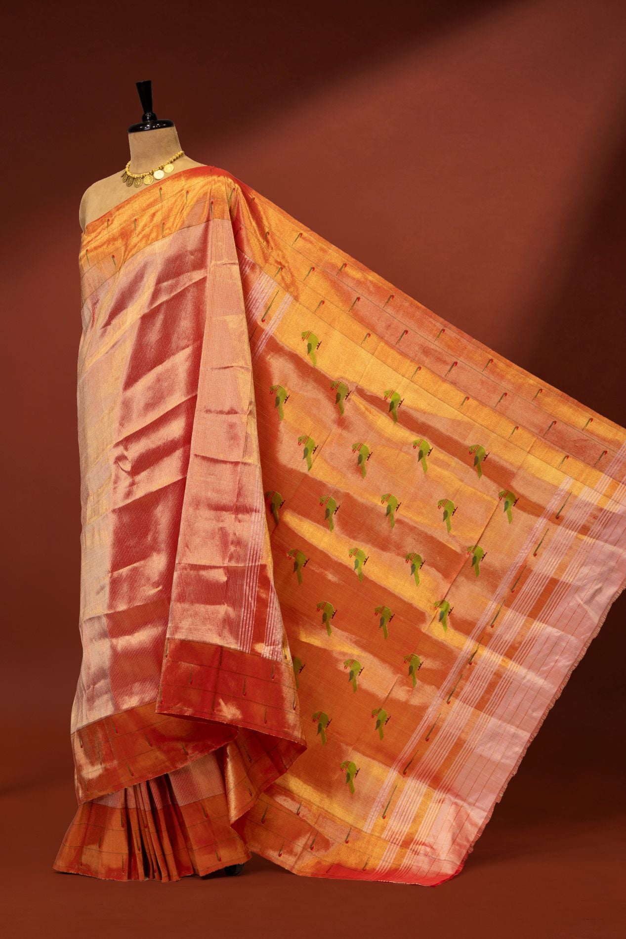 Handwoven Stripe Tissue Designer Tripple Muniya Paithani