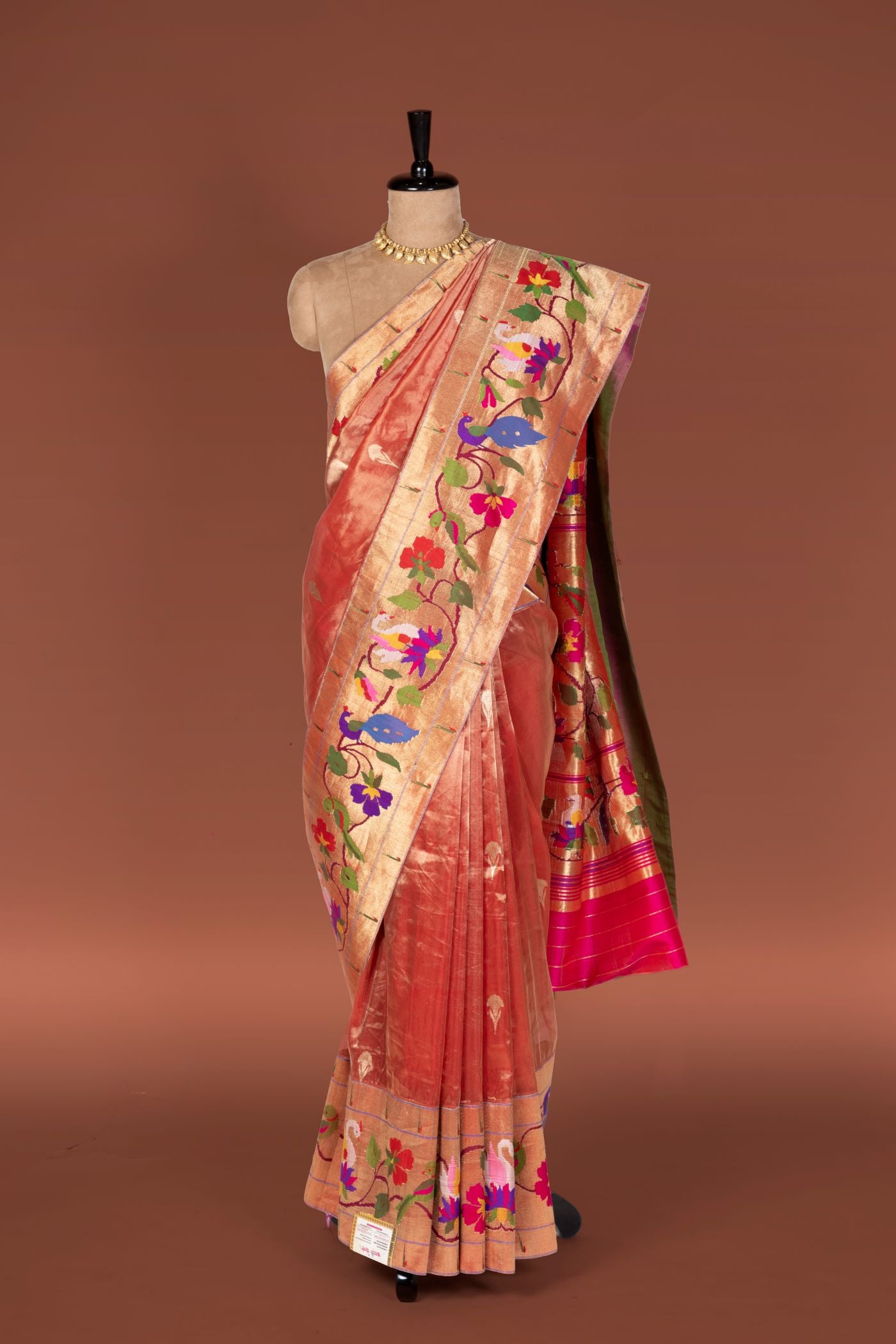 Handwoven Tissue Organza Swan Border Fusion Paithani