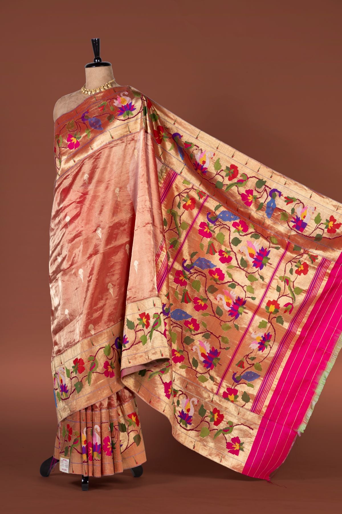 Handwoven Tissue Organza Swan Border Fusion Paithani