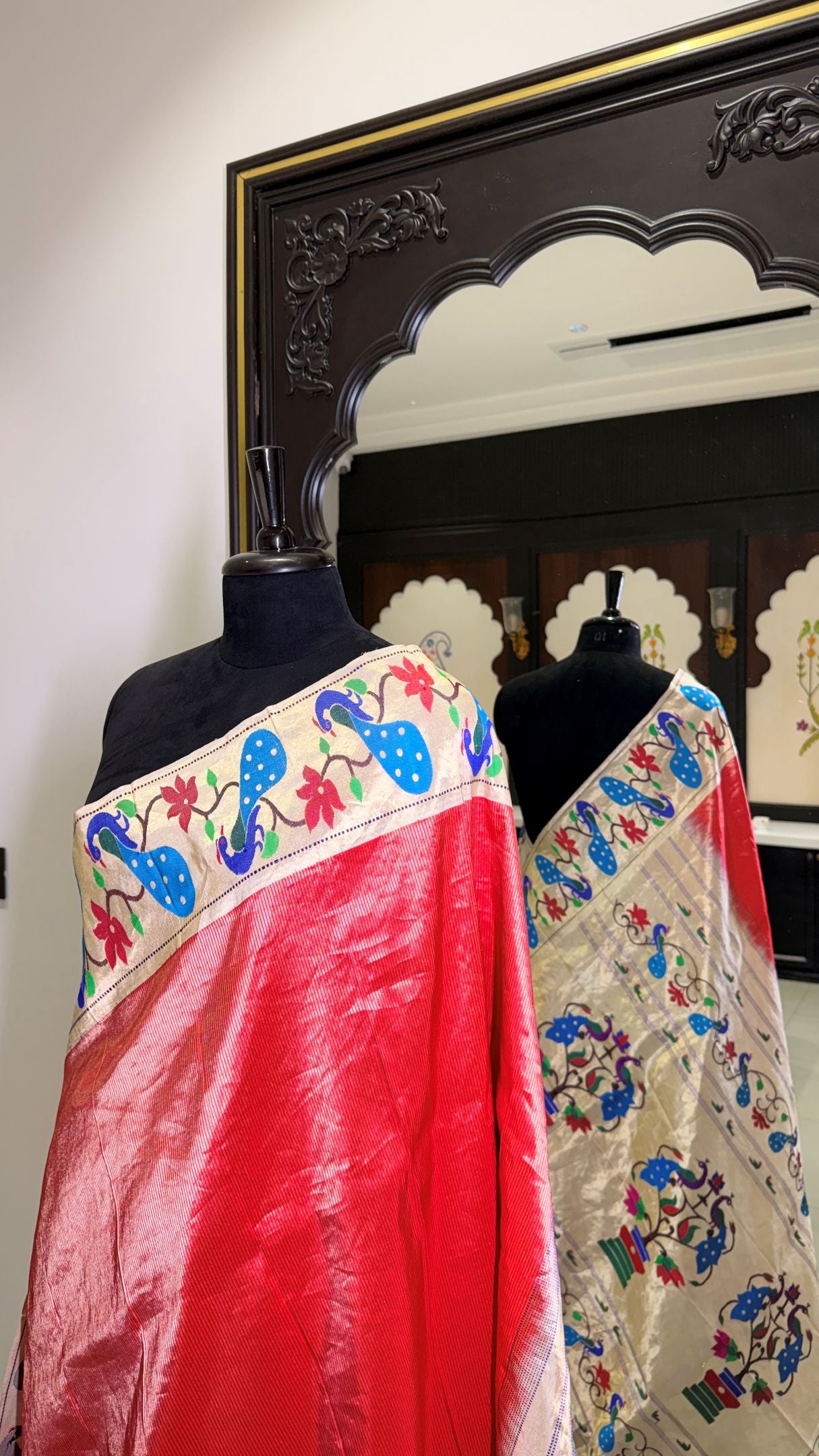 Handwoven Peacock Floral Border Stripes Paithani