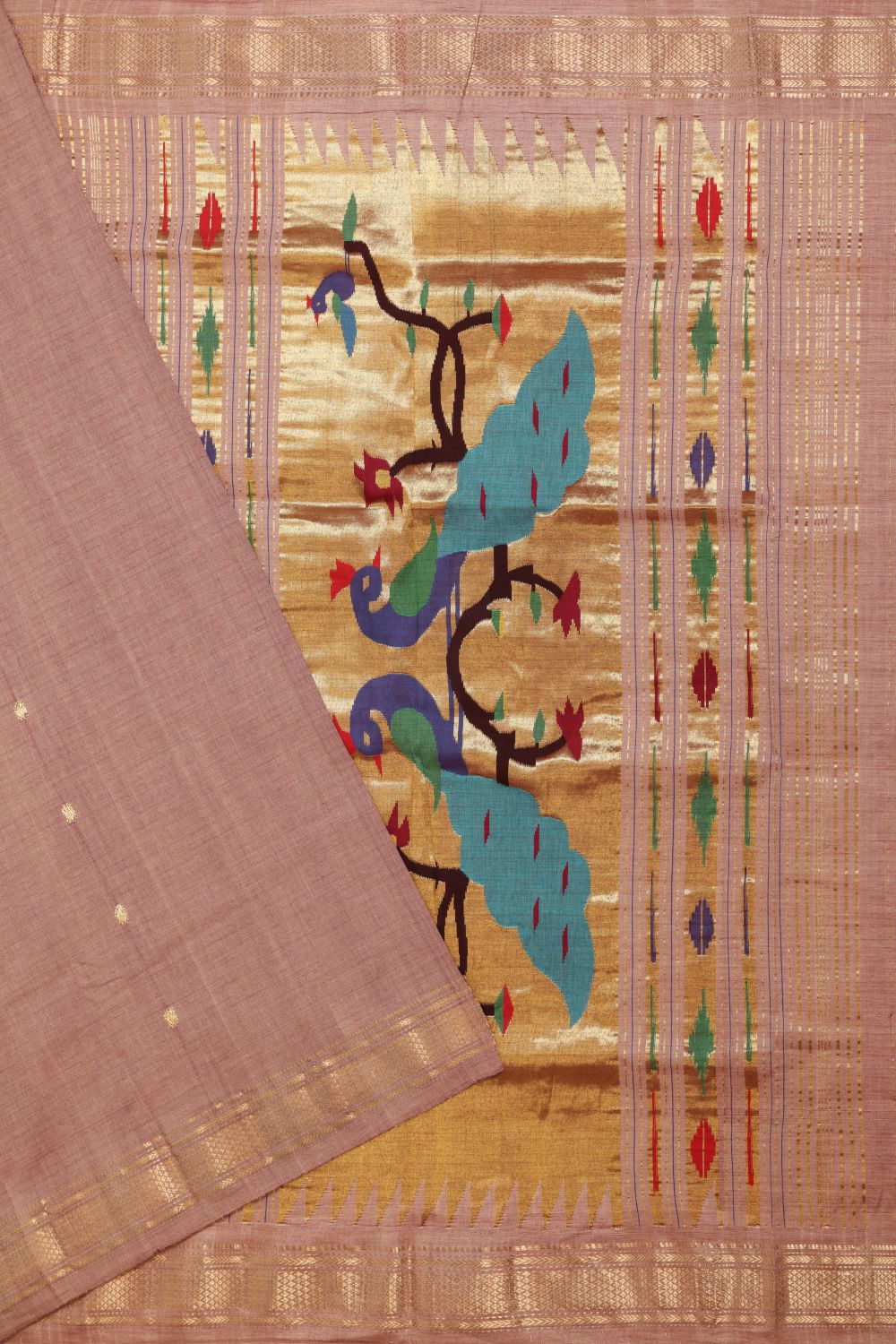Buy Handloom Cotton Light Brown Paithani Rich Pallu Online