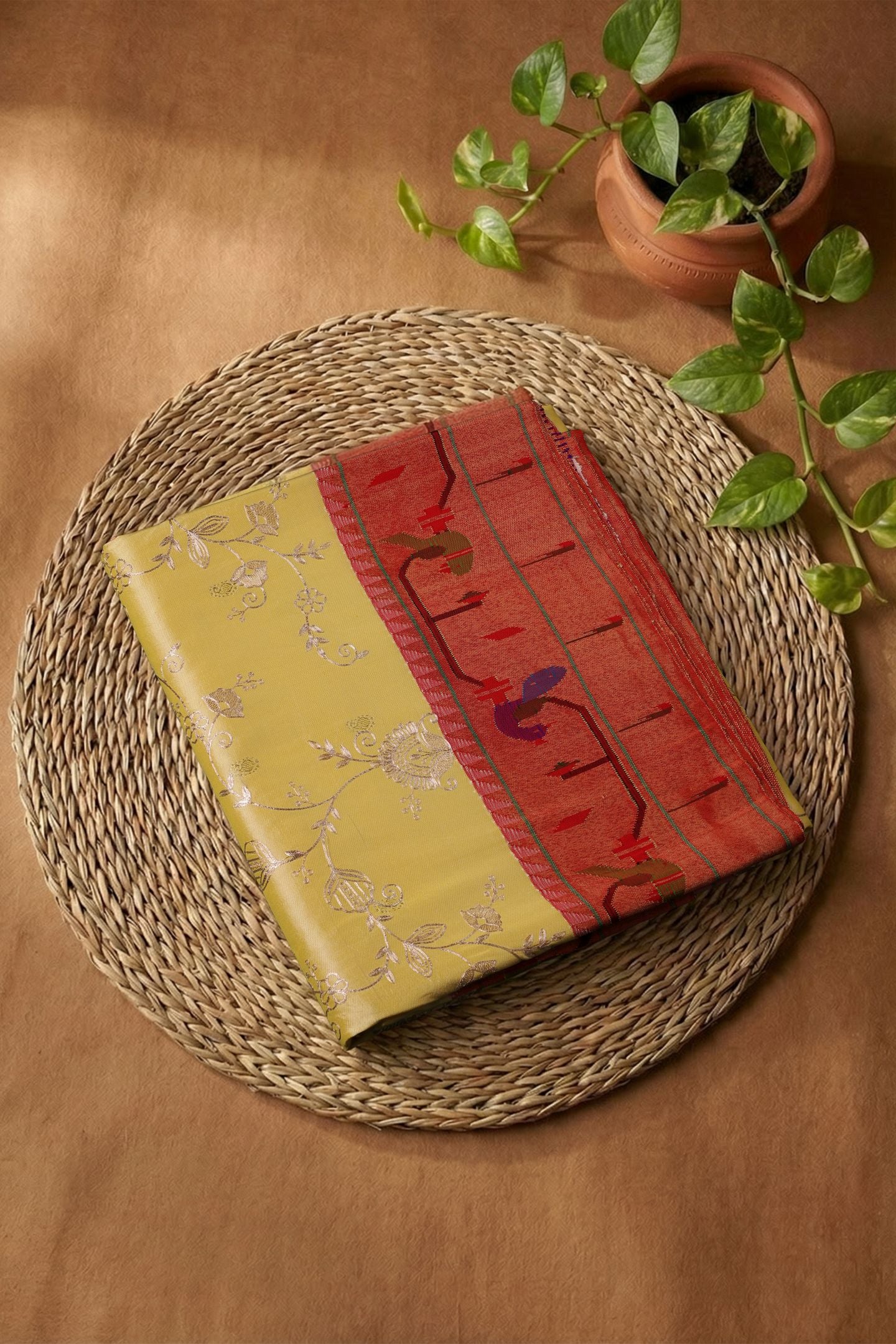 Hand Woven Traditional Peacock Parrot Pitta Work Paithani