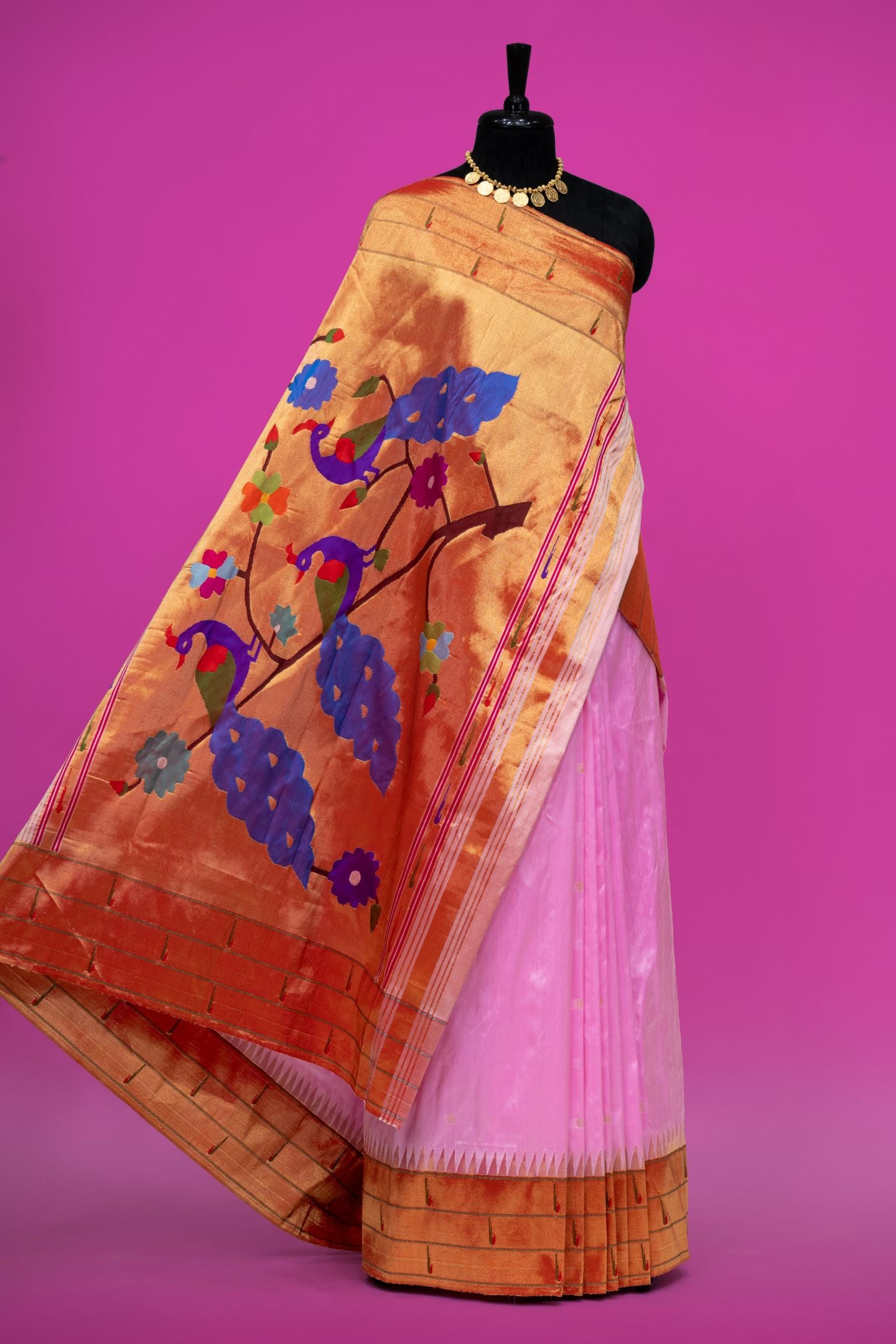 Hand Woven Pure Silk Light Pink Tripple Muniya Paithani