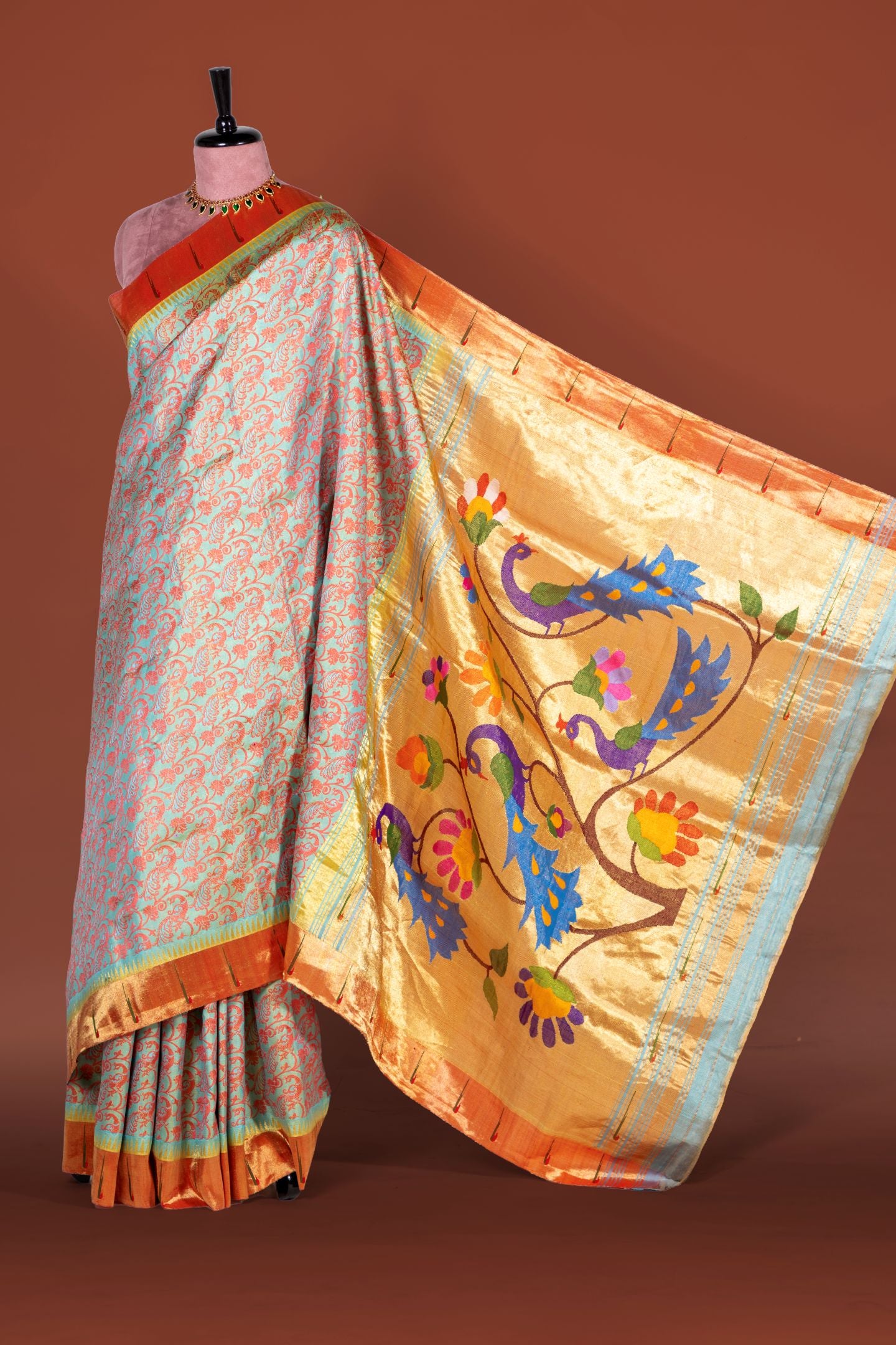 Hand Woven Muniya Paithani Fusion with Kanjivaram