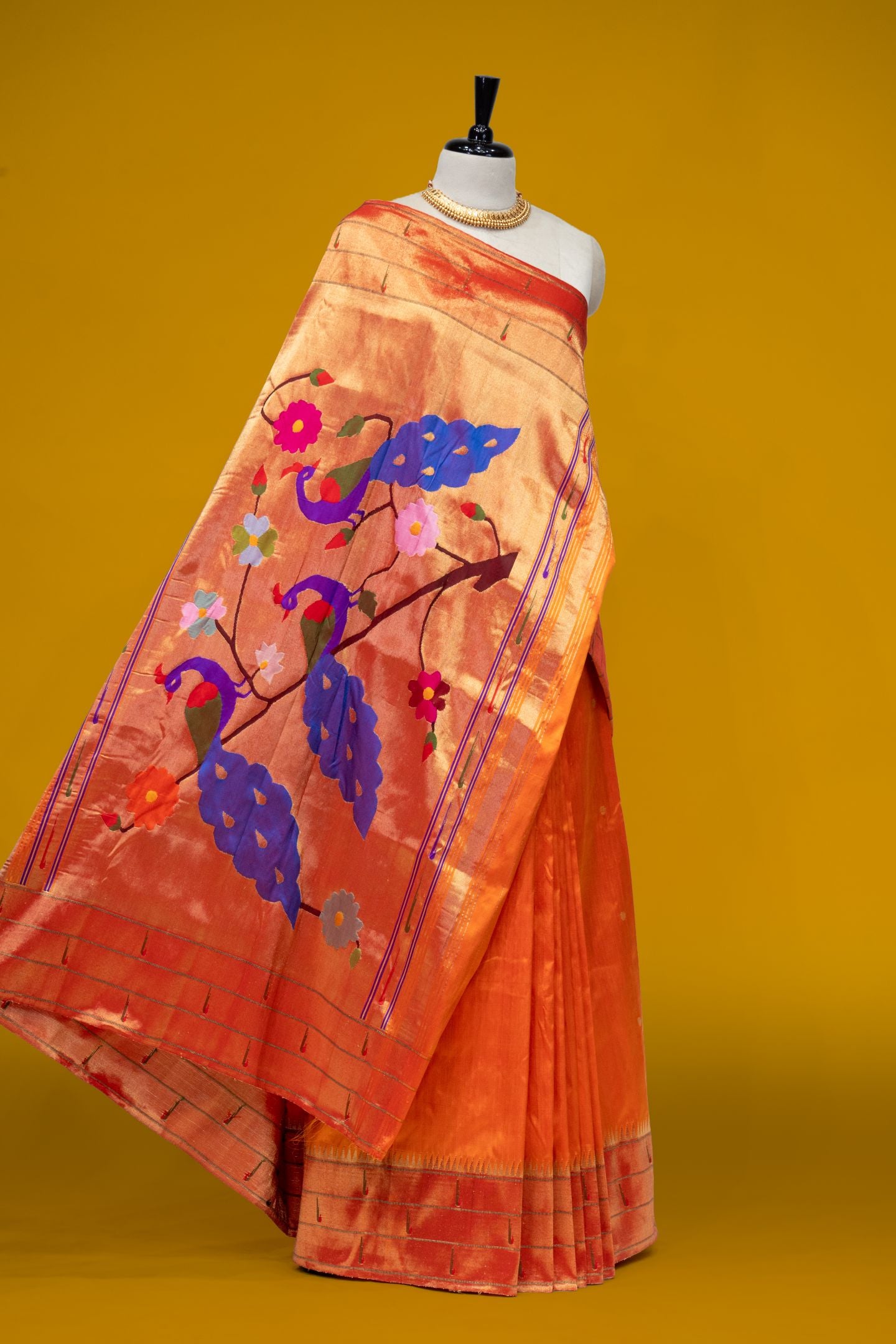 Hand Woven Pure Silk Mango Yellow Tripple Muniya Paithani